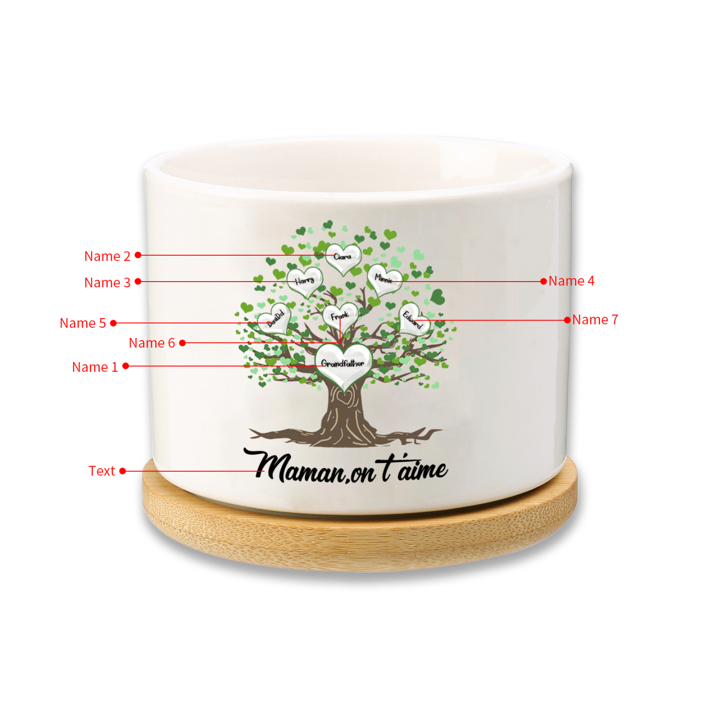 À Maman - Vase/Pot de Fleurs 7 Prénoms et 1 Texte Personnalisés avec Arbre de Vie Décoration de la Maison (sans plantes) | Jessemade