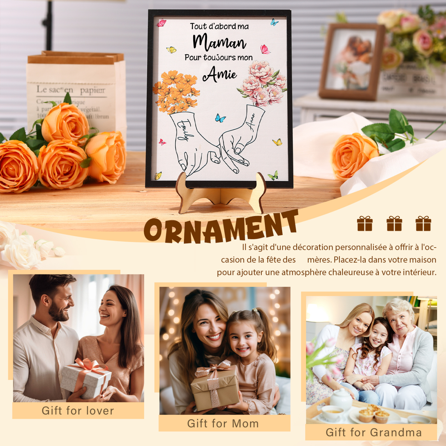 À Maman - Cadre Photo Plaque en bois Personnalisé avec 2 Prénoms et Fleurs de Naissance Décoration pour Maman | Jessemade