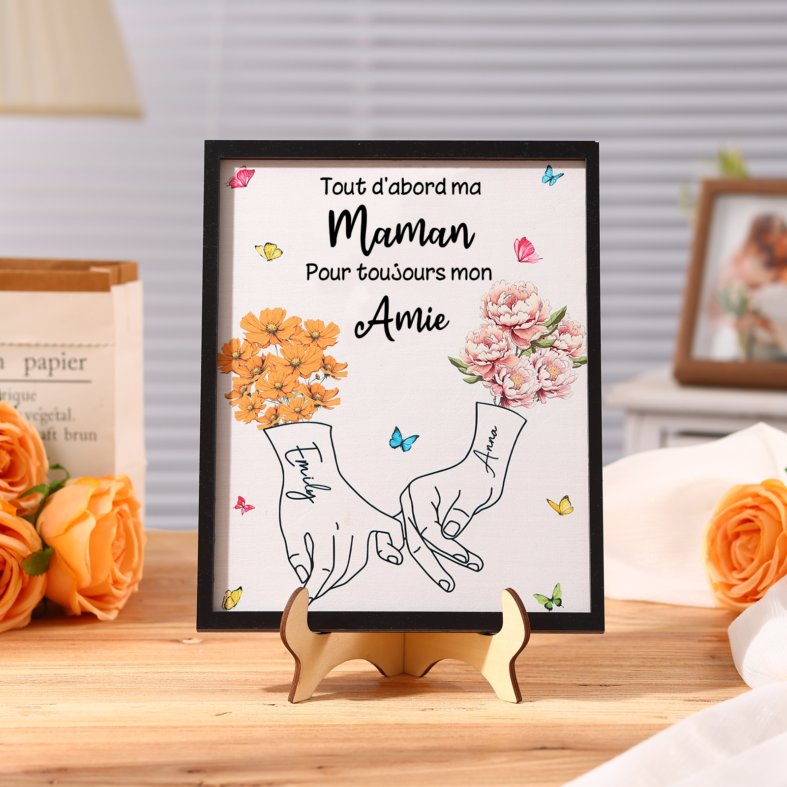 À Maman - Cadre Photo Plaque en bois Personnalisé avec 2 Prénoms et Fleurs de Naissance Décoration pour Maman | Jessemade