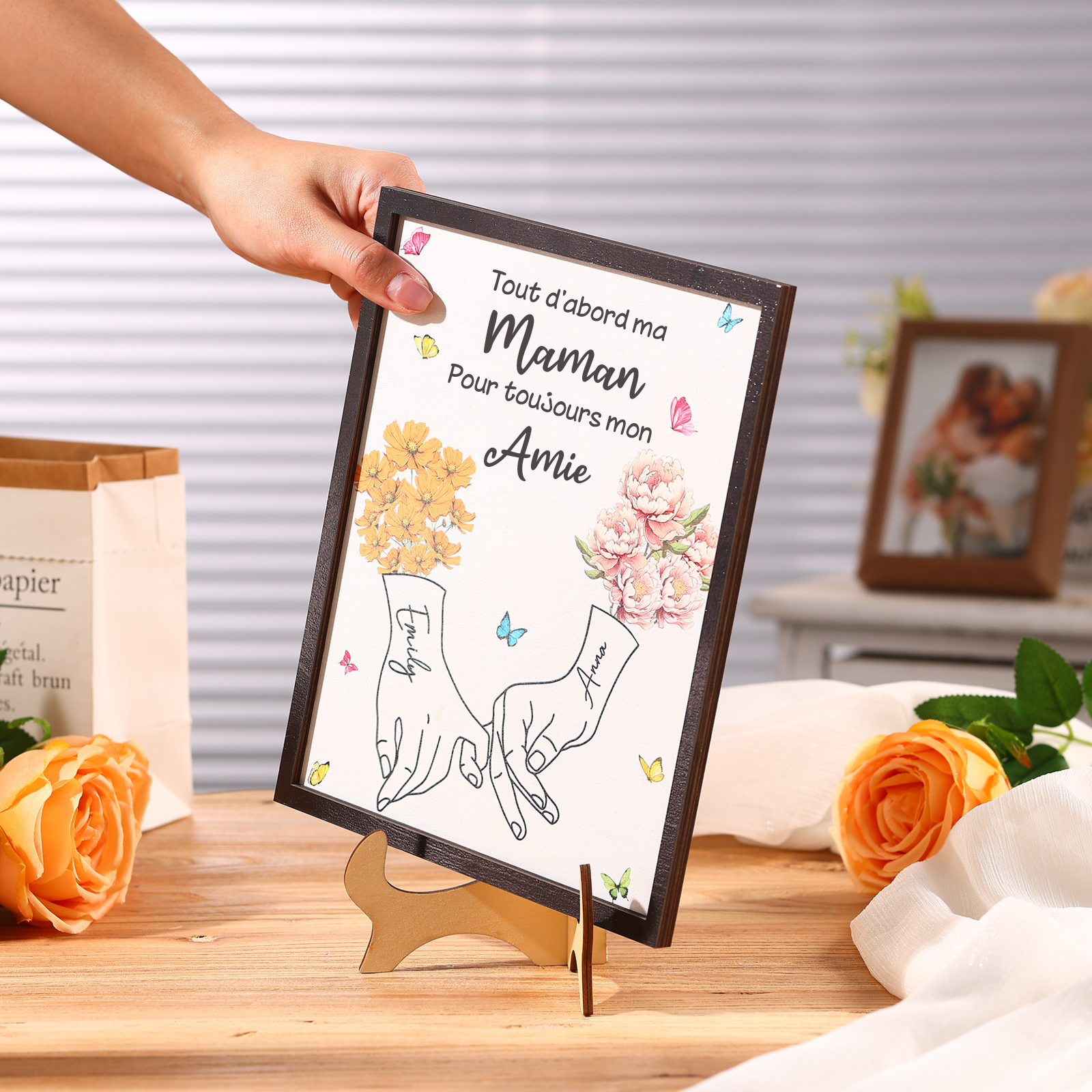 À Maman - Cadre Photo Plaque en bois Personnalisé avec 2 Prénoms et Fleurs de Naissance Décoration pour Maman | Jessemade