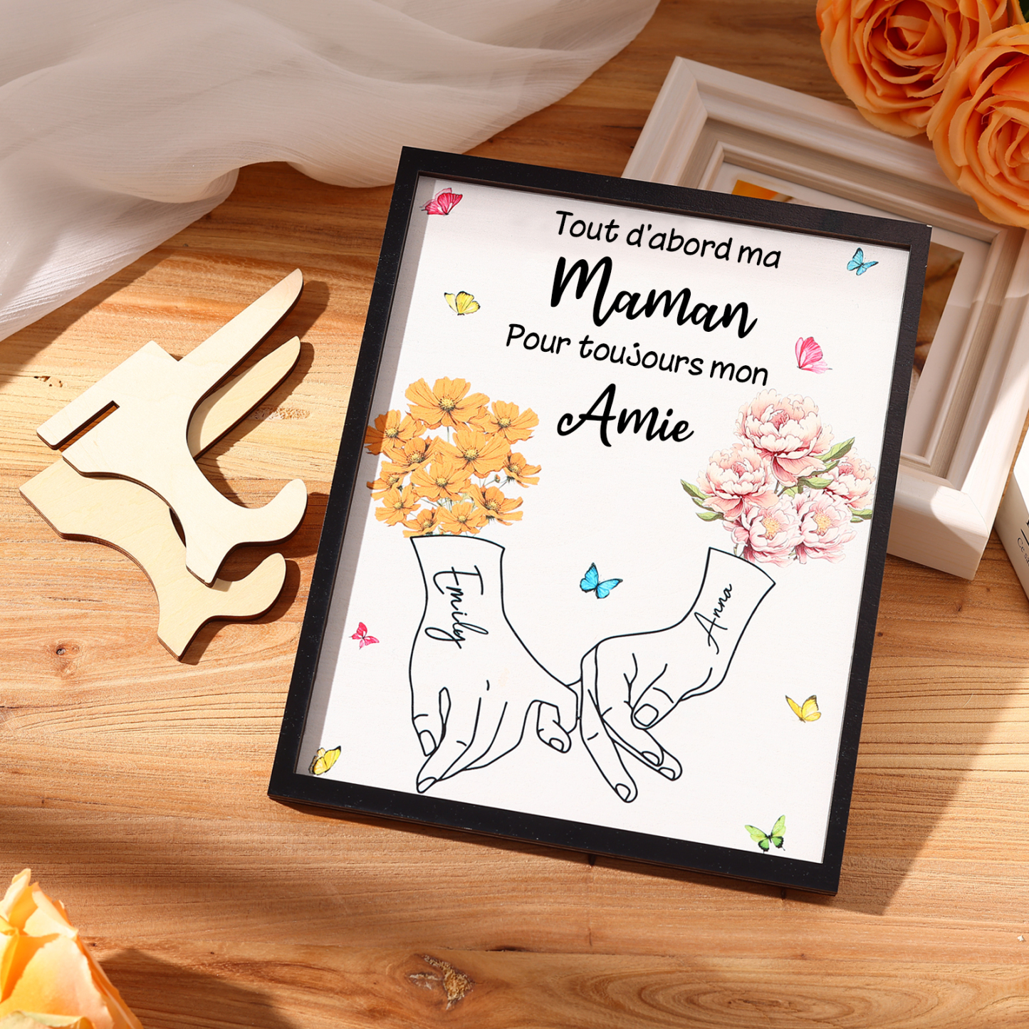 À Maman - Cadre Photo Plaque en bois Personnalisé avec 2 Prénoms et Fleurs de Naissance Décoration pour Maman | Jessemade