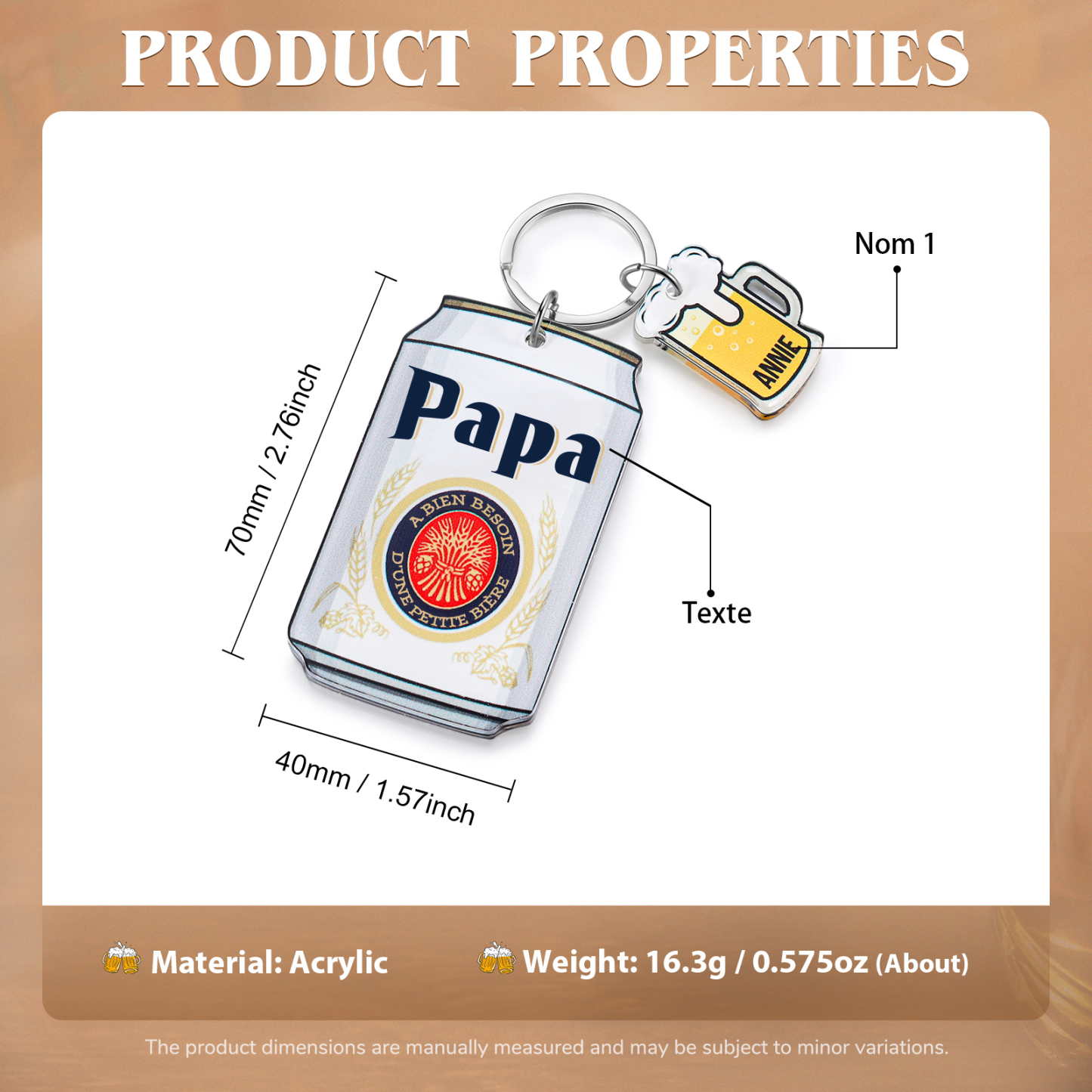 À mon Papa - Porte-clés En Forme De Bière Canette Personnalisée Avec 1 Prénom et Texte Porte-Clés Personnaliables Pour Papa | Jessemade