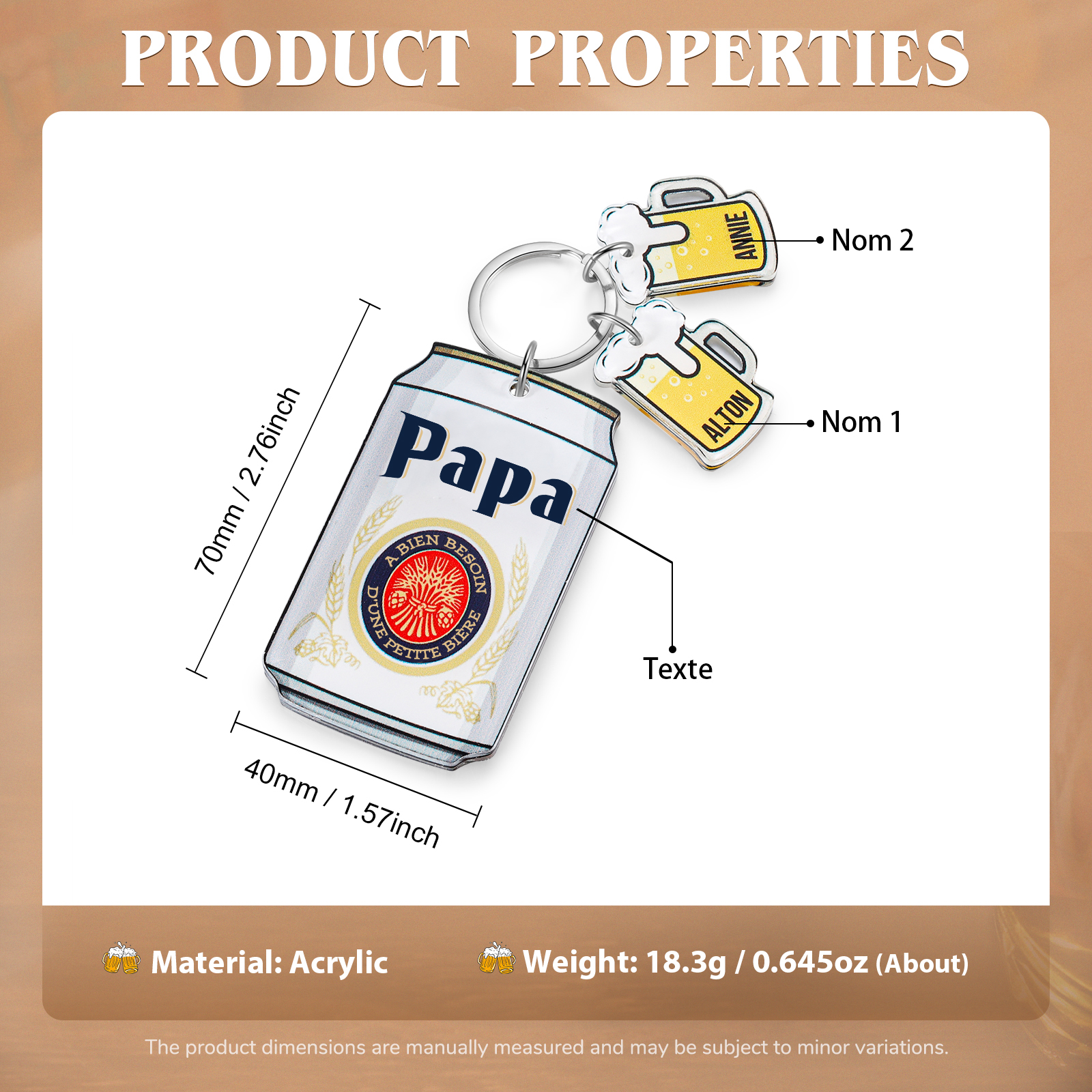 À mon Papa - Porte-clés En Forme De Bière Canette Personnalisée Avec 2 Prénoms et Texte Porte-Clés Personnaliables Pour Papa | Jessemade