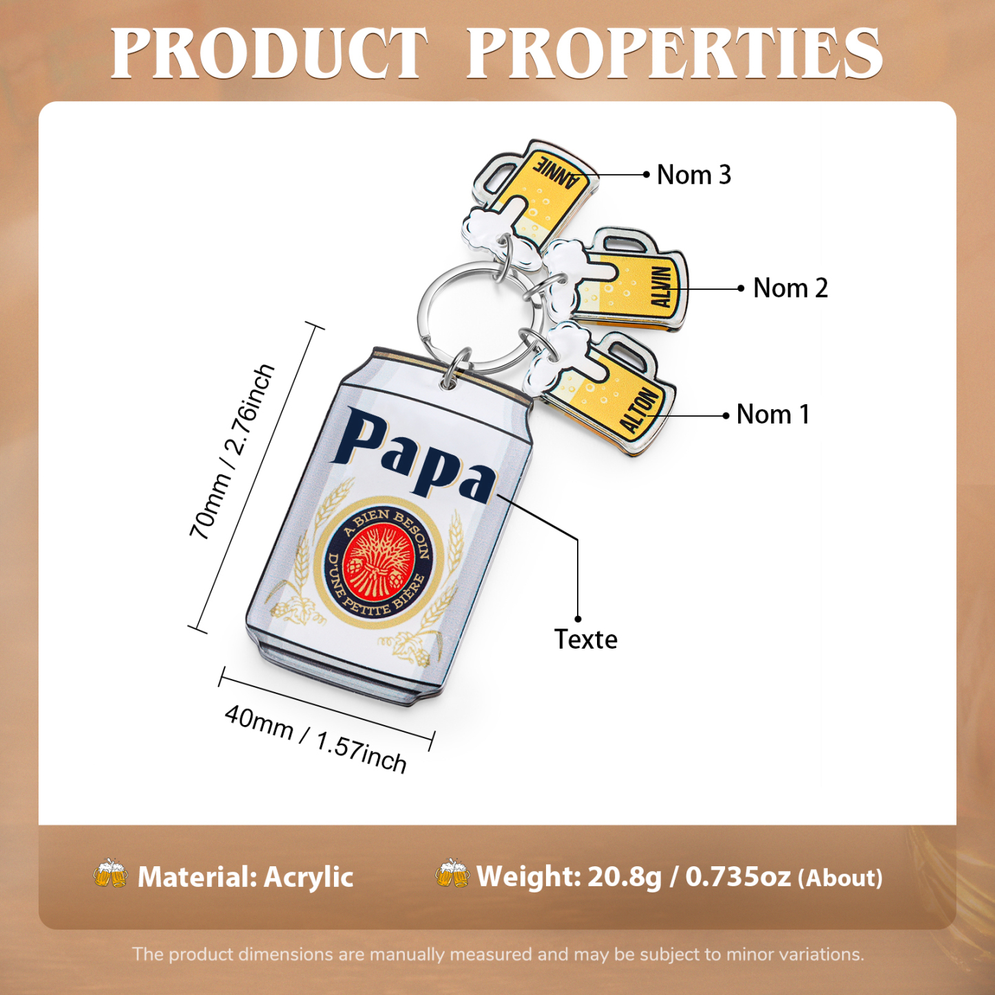 À mon Papa - Porte-clés En Forme De Bière Canette Personnalisée Avec 3 Prénoms et Texte Porte-Clés Personnaliables Pour Papa | Jessemade