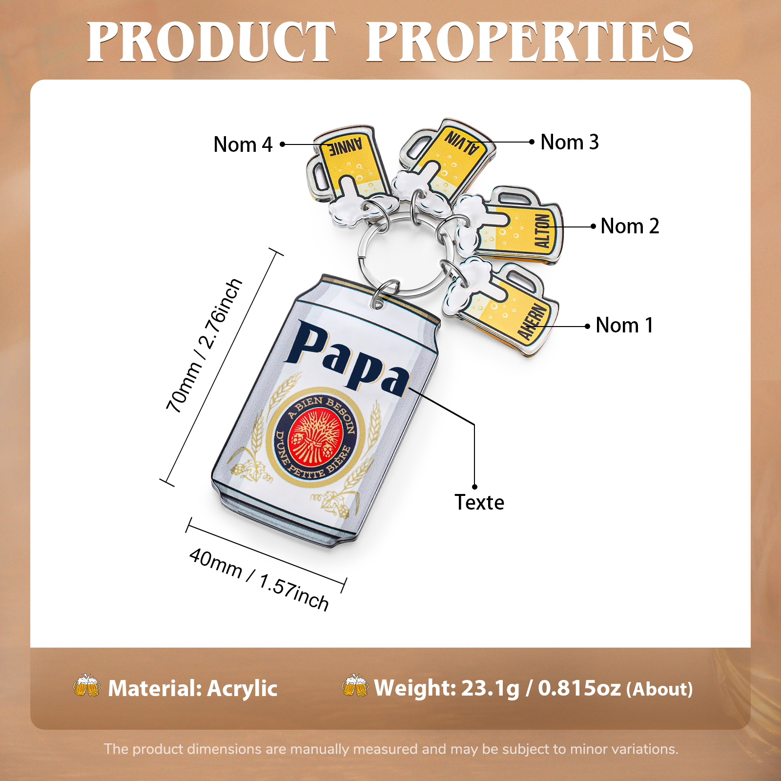 À mon Papa - Porte-clés En Forme De Bière Canette Personnalisée Avec 4 Prénoms et Texte Porte-Clés Personnaliables Pour Papa | Jessemade