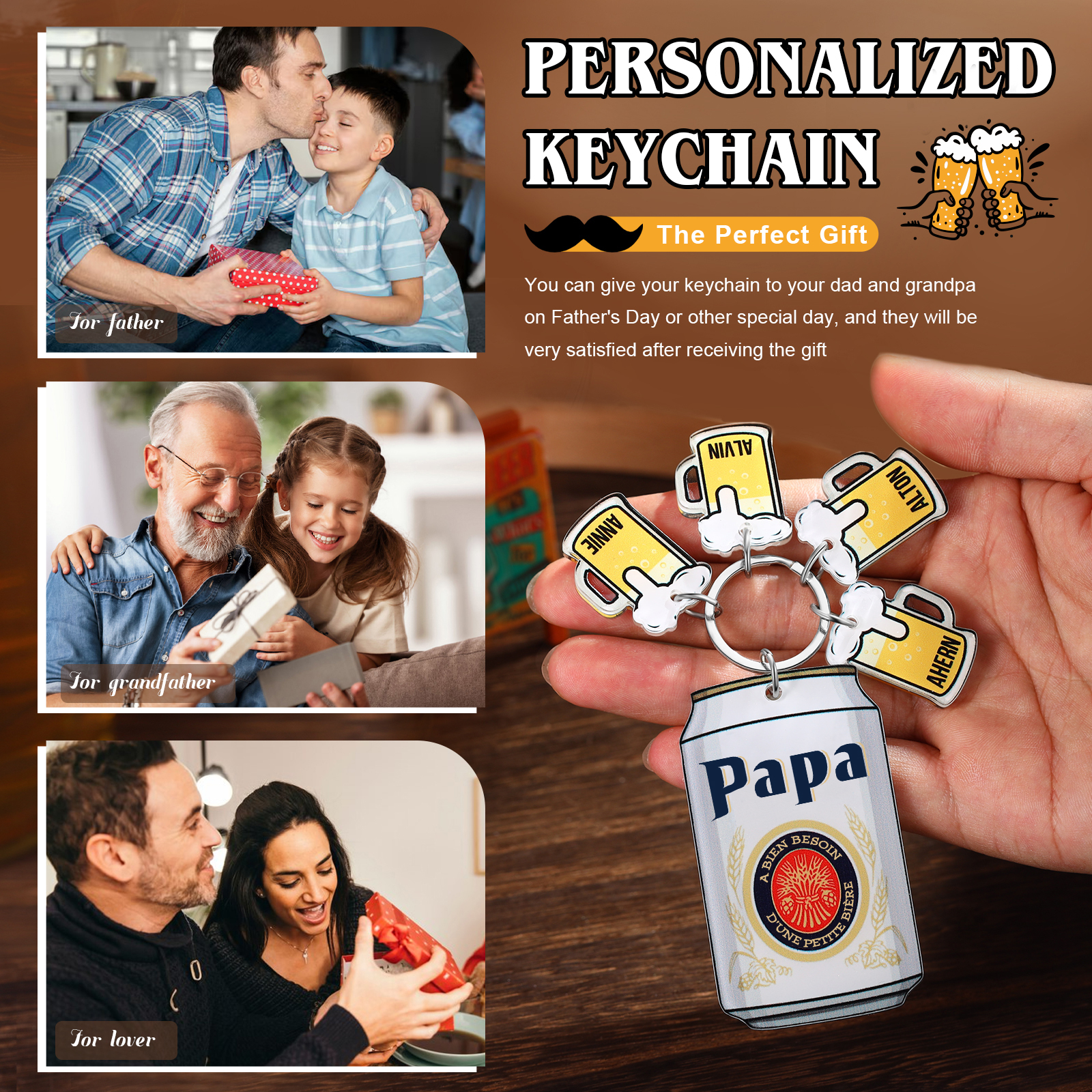 À mon Papa - Porte-clés En Forme De Bière Canette Personnalisée Avec 4 Prénoms et Texte Porte-Clés Personnaliables Pour Papa | Jessemade