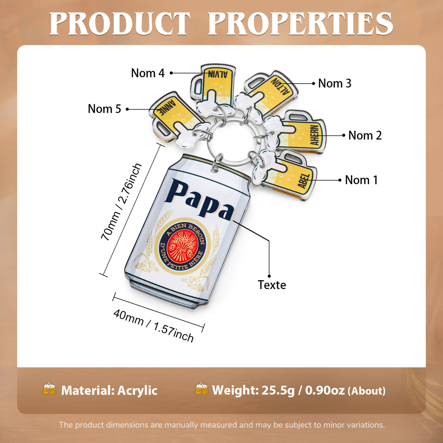 À mon Papa - Porte-clés En Forme De Bière Canette Personnalisée Avec 5 Prénoms et Texte Porte-Clés Personnaliables Pour Papa | Jessemade