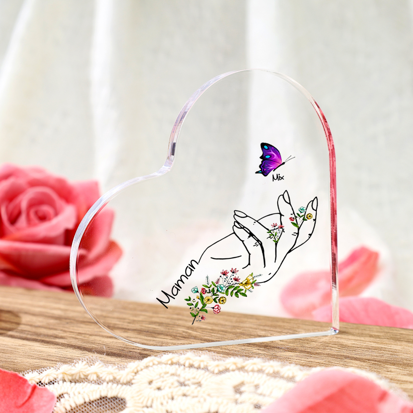 Bloc acrylique personnalisé en forme de cœur avec prénom et message cadeau sentimental pour maman | Jessemade