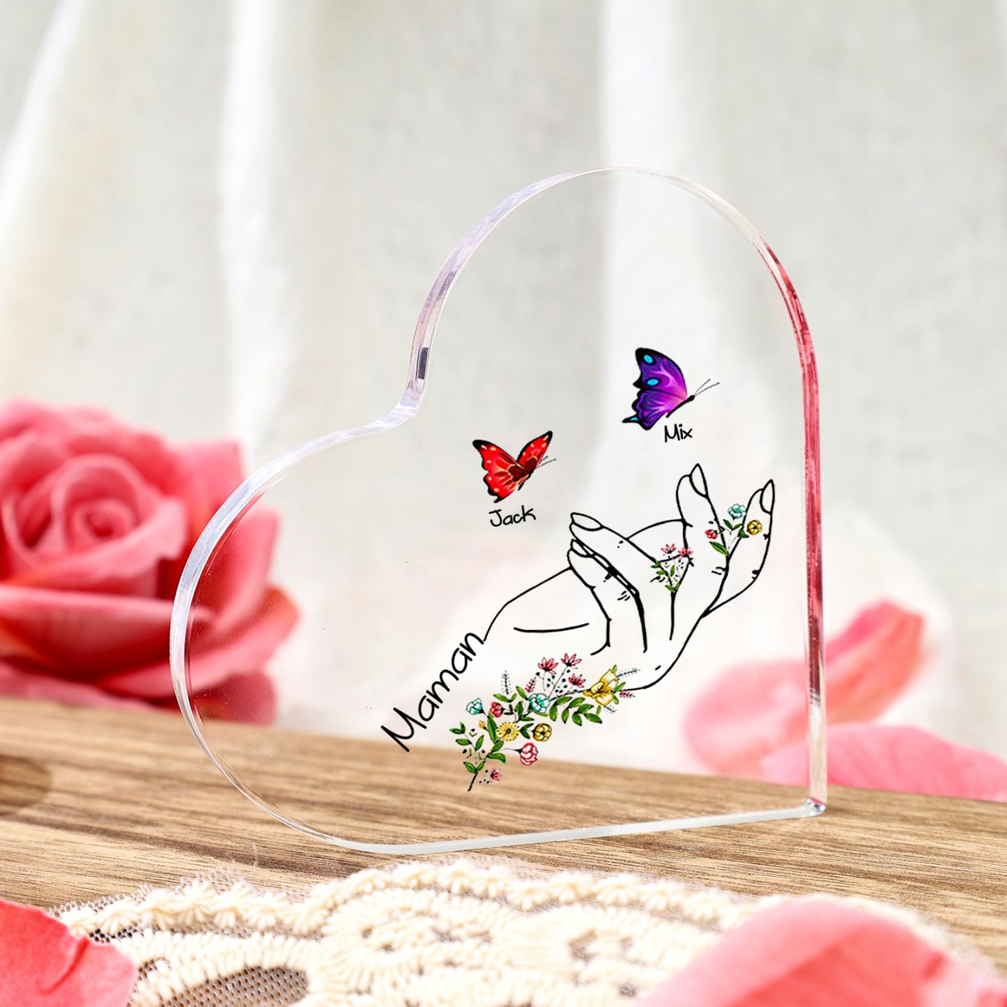 Bloc acrylique cœur personnalisé avec prénoms et message cadeau touchant pour maman | Jessemade