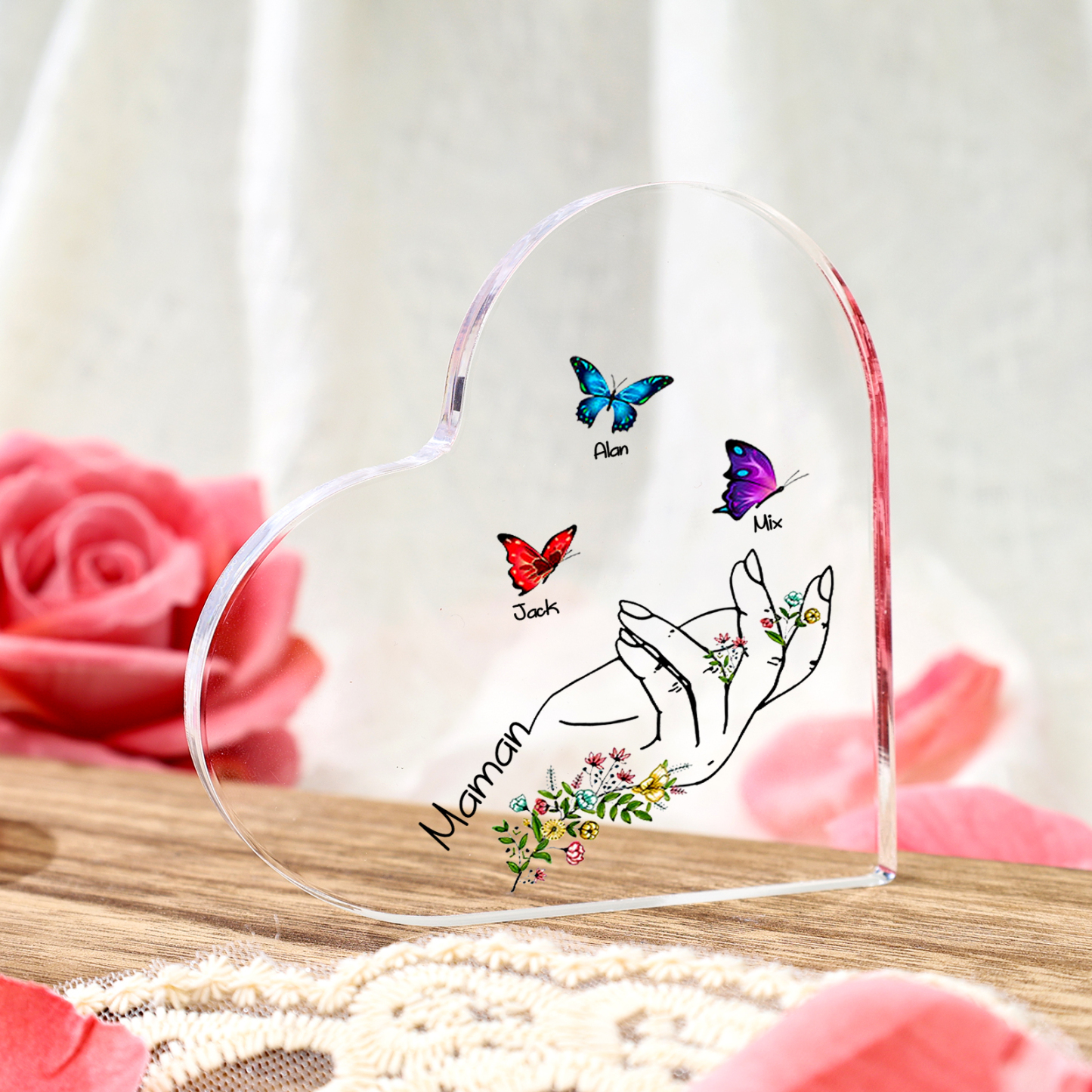 À Maman/Mamie - Plaque Acrylique en forme de Coeur Personnalisé avec 3 Prénoms et Texte Cadeau Famille | Jessemade