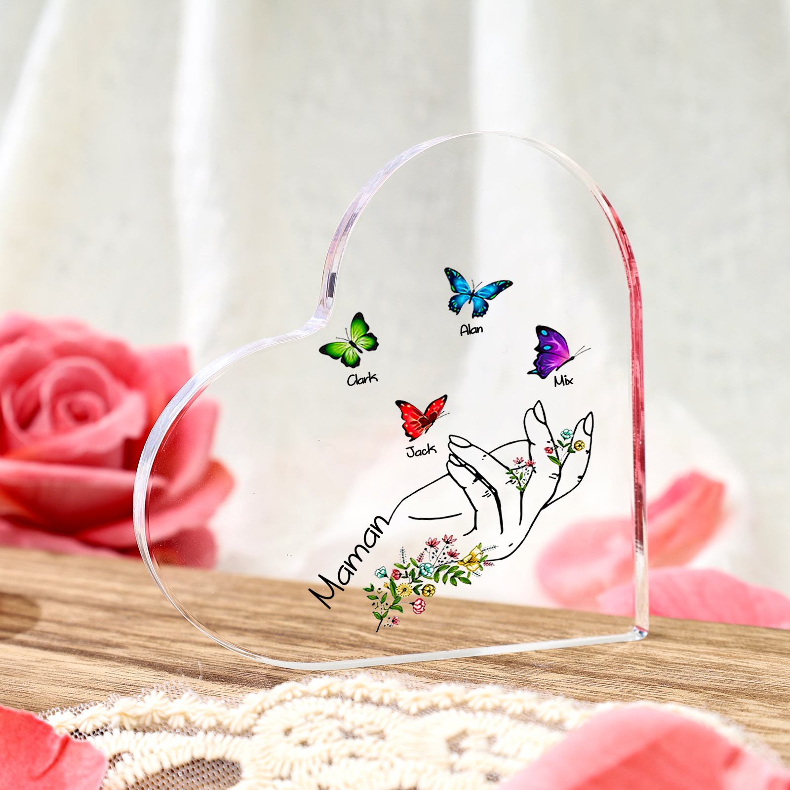 À Maman/Mamie - Plaque Acrylique en forme de Coeur Personnalisé avec 4 Prénoms et Texte Cadeau Famille | Jessemade