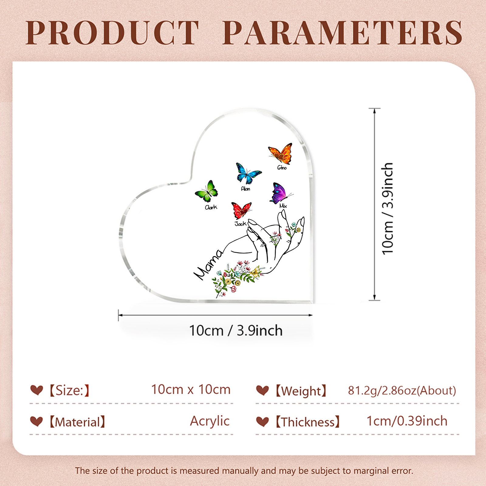 À Maman/Mamie - Plaque Acrylique en forme de Coeur Personnalisé avec 5 Prénoms et Texte Cadeau Famille | Jessemade