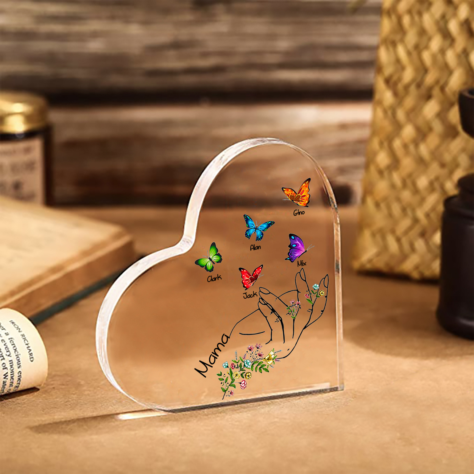 À Maman/Mamie - Plaque Acrylique en forme de Coeur Personnalisé avec 5 Prénoms et Texte Cadeau Famille | Jessemade