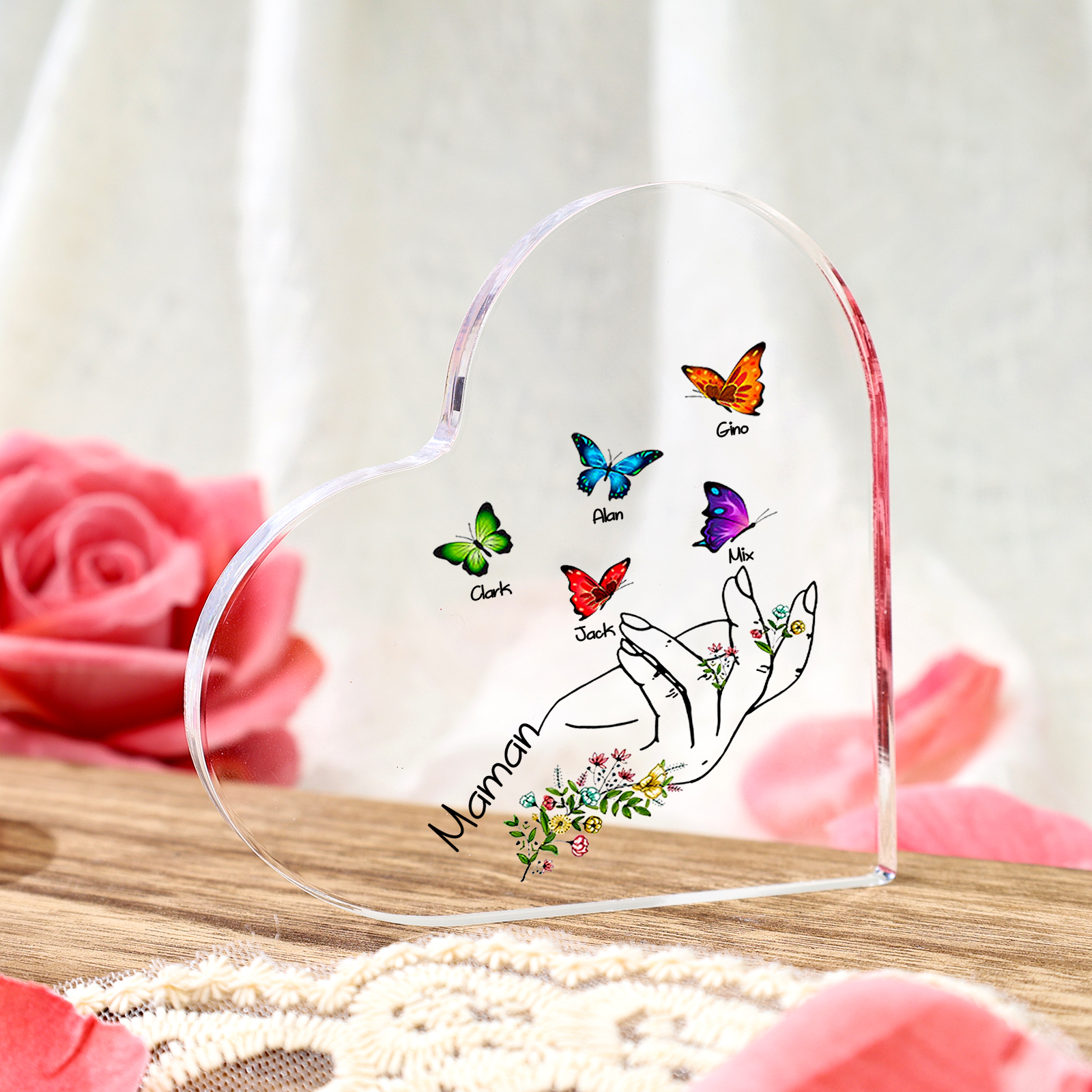 À Maman/Mamie - Plaque Acrylique en forme de Coeur Personnalisé avec 5 Prénoms et Texte Cadeau Famille | Jessemade