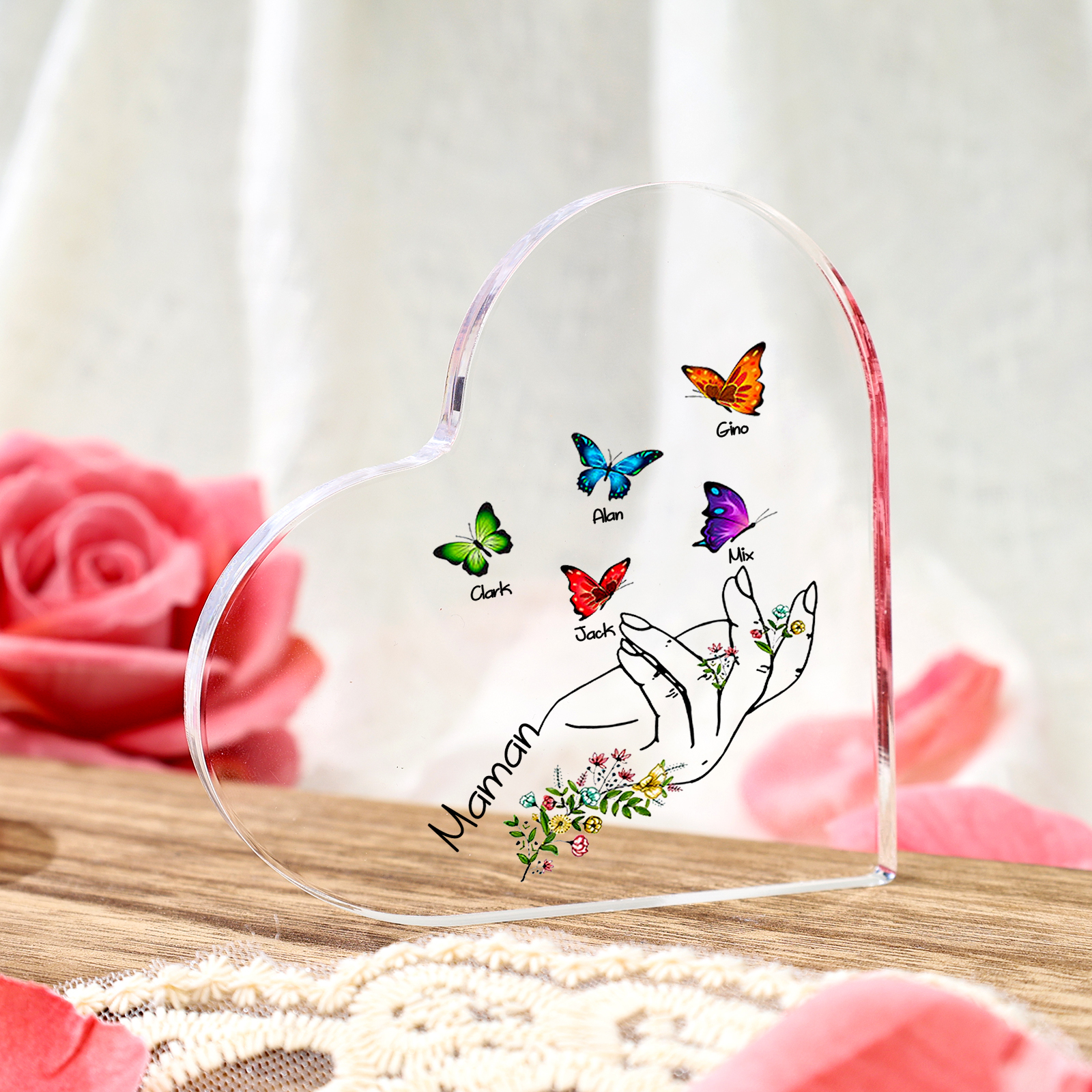 Bloc acrylique personnalisé en forme de cœur avec prénoms et message cadeau émouvant pour maman | Jessemade