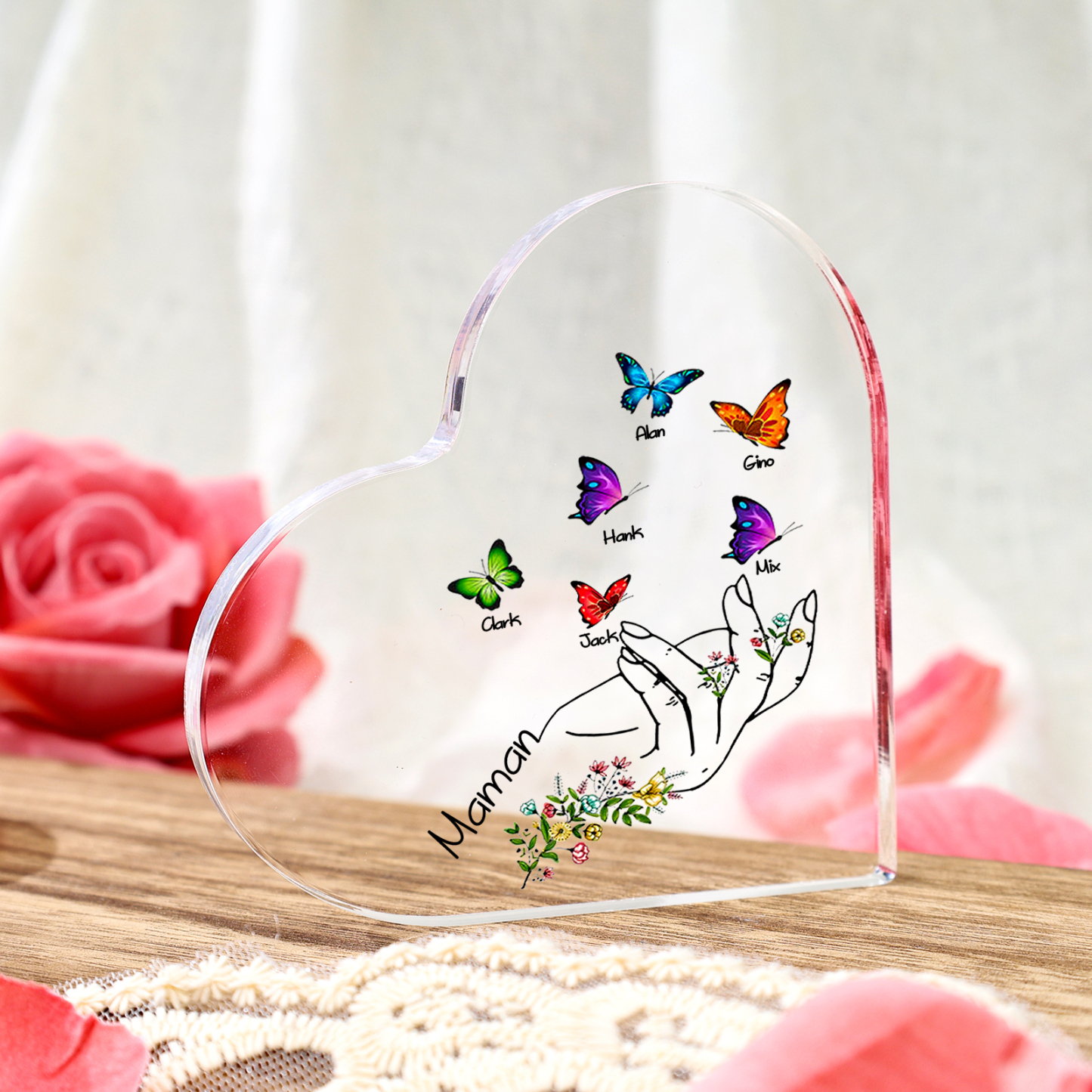 Bloc acrylique personnalisé en forme de cœur avec prénoms et message cadeau unique pour maman | Jessemade