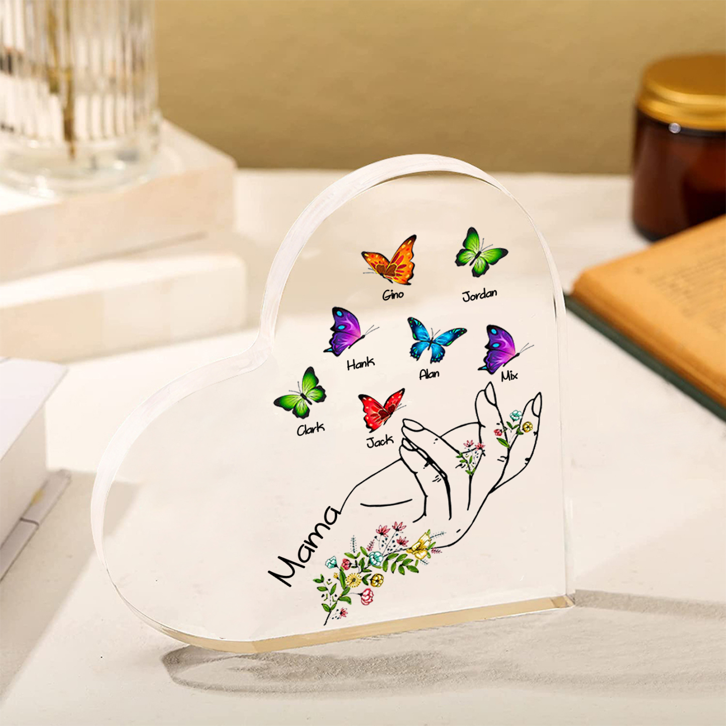 À Maman/Mamie - Plaque Acrylique en forme de Coeur Personnalisé avec 7 Prénoms et Texte Cadeau Famille | Jessemade