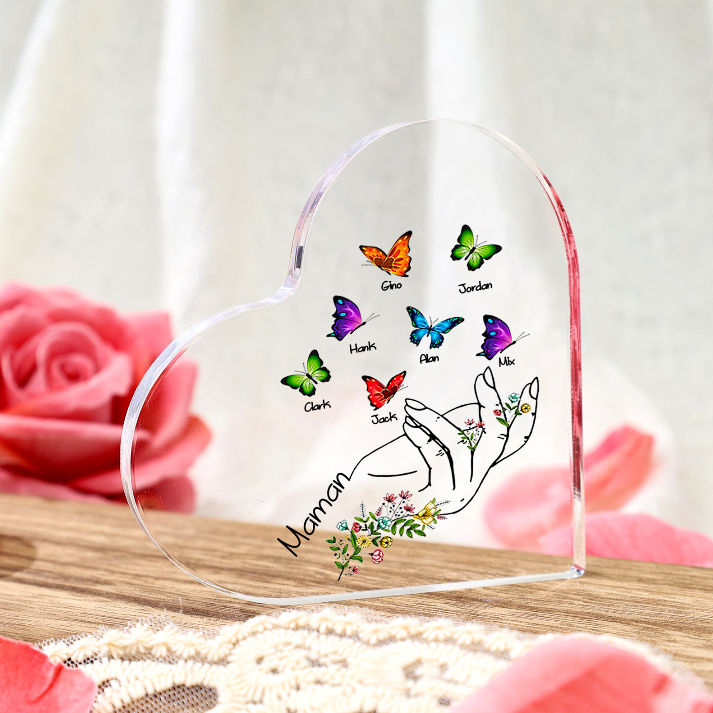 Bloc acrylique personnalisé en cœur avec prénoms et message cadeau unique pour maman | Jessemade