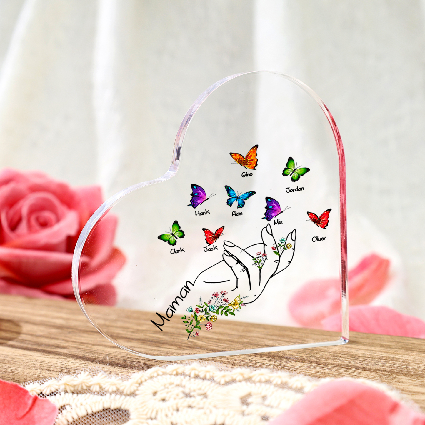 Bloc acrylique personnalisé en forme de cœur avec prénoms et message cadeau unique pour maman | Jessemade