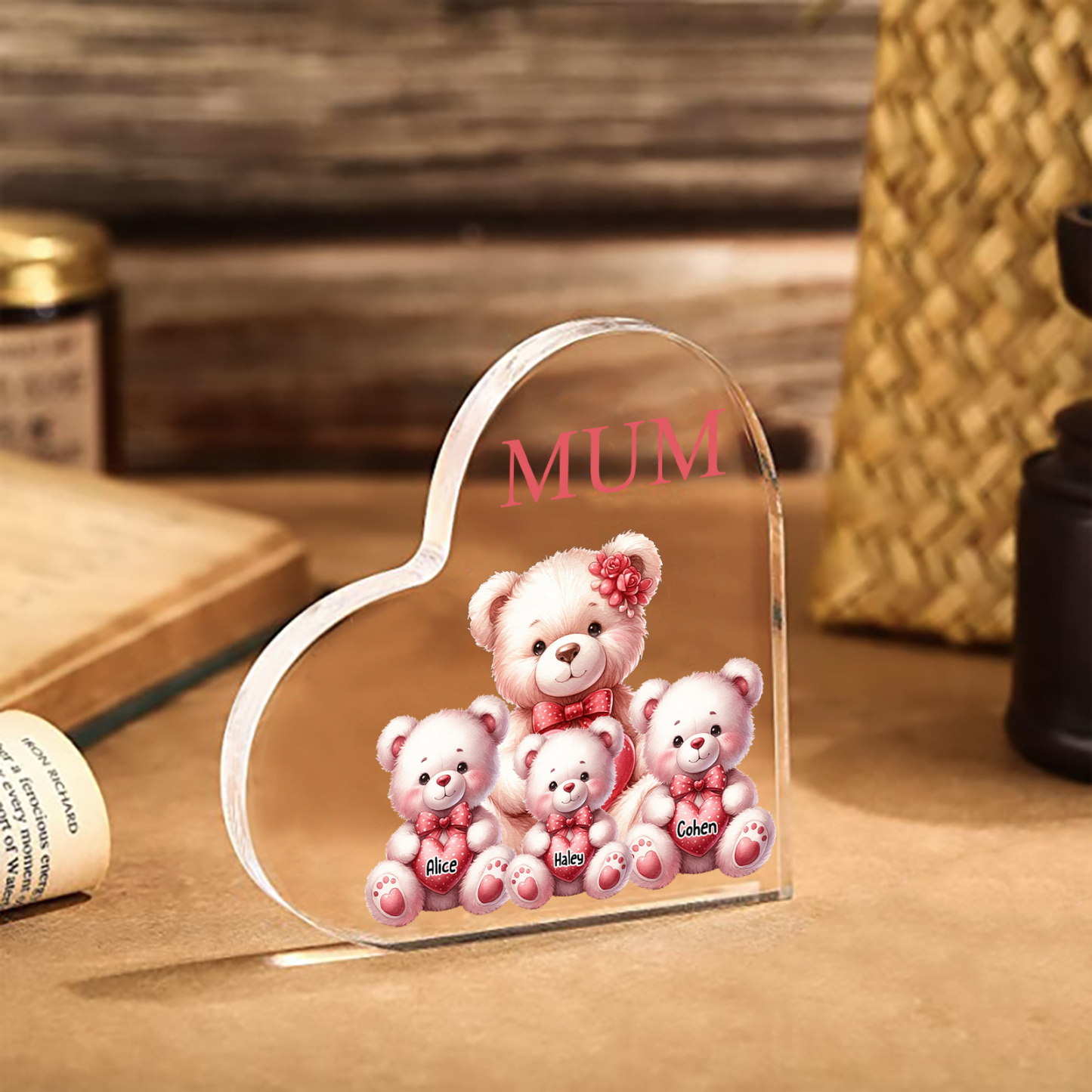À Maman/Mamie - Plaque Coeur en Acrylique Personnalisé avec 3 Prénoms et Texte Cadeau pour Maman/Mamie | Jessemade