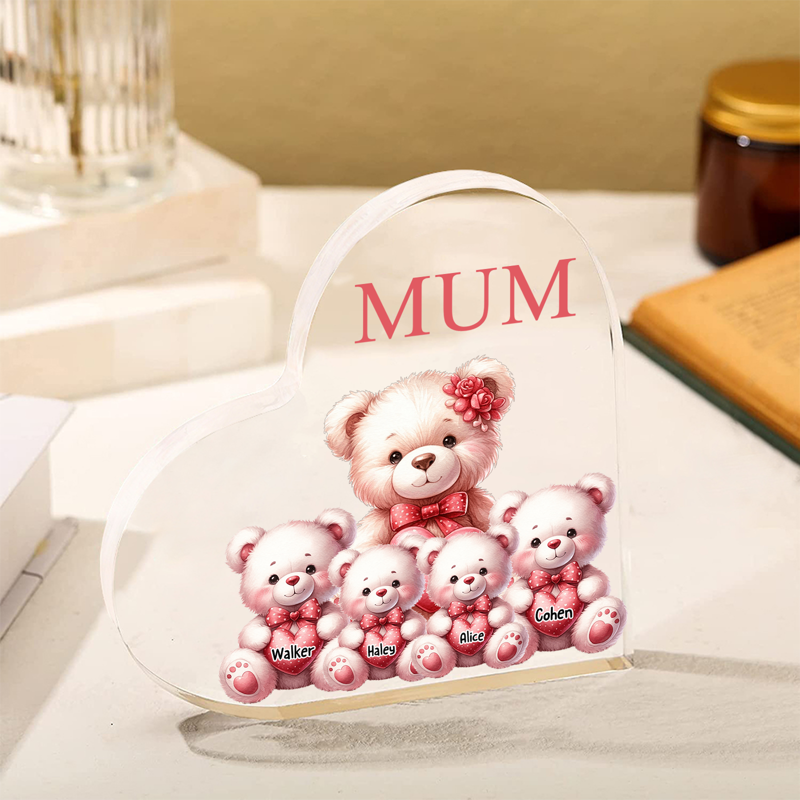 À Maman/Mamie - Plaque Coeur en Acrylique Personnalisé avec 4 Prénoms et Texte Cadeau pour Maman/Mamie  | Jessemade