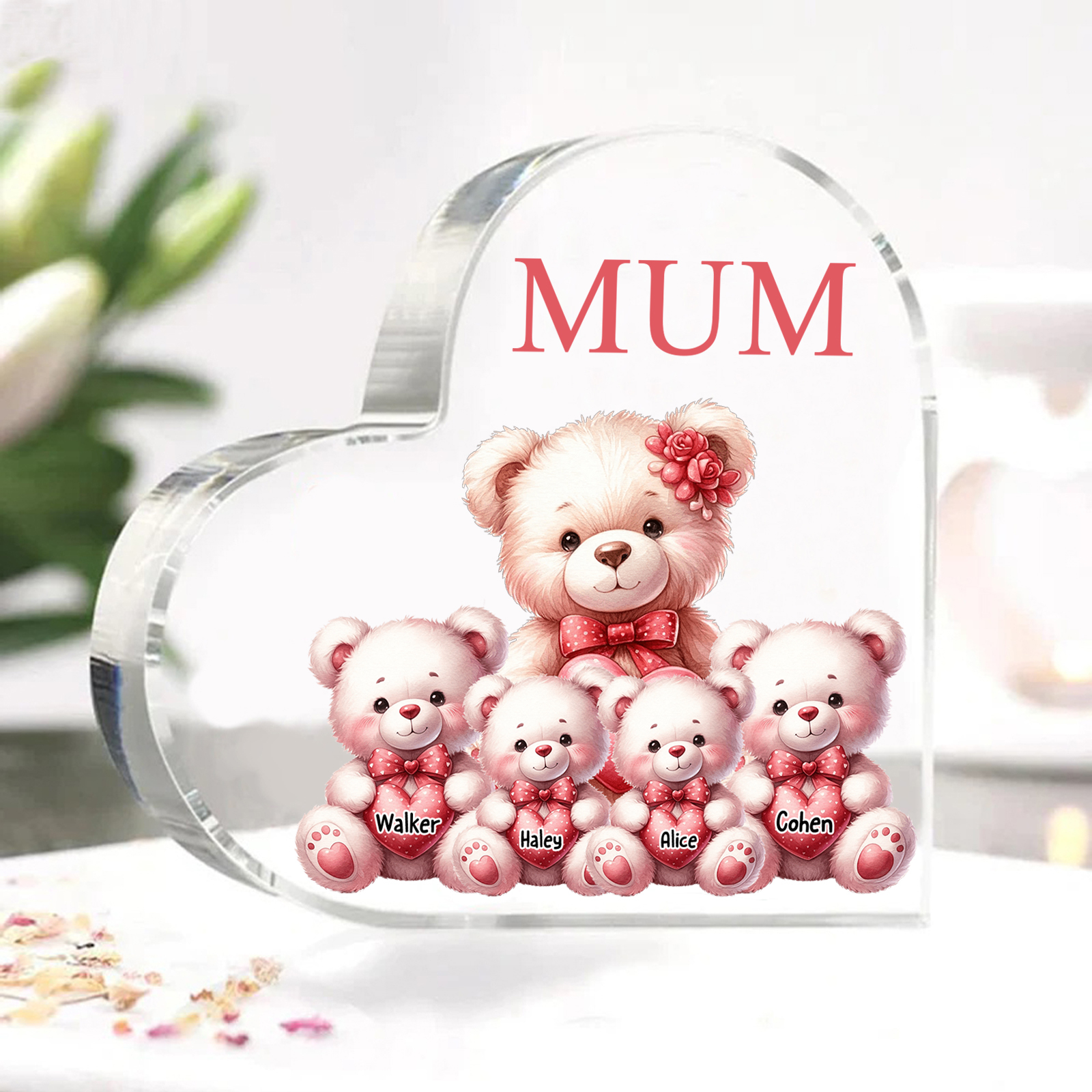 À Maman/Mamie - Plaque Coeur en Acrylique Personnalisé avec 4 Prénoms et Texte Cadeau pour Maman/Mamie  | Jessemade