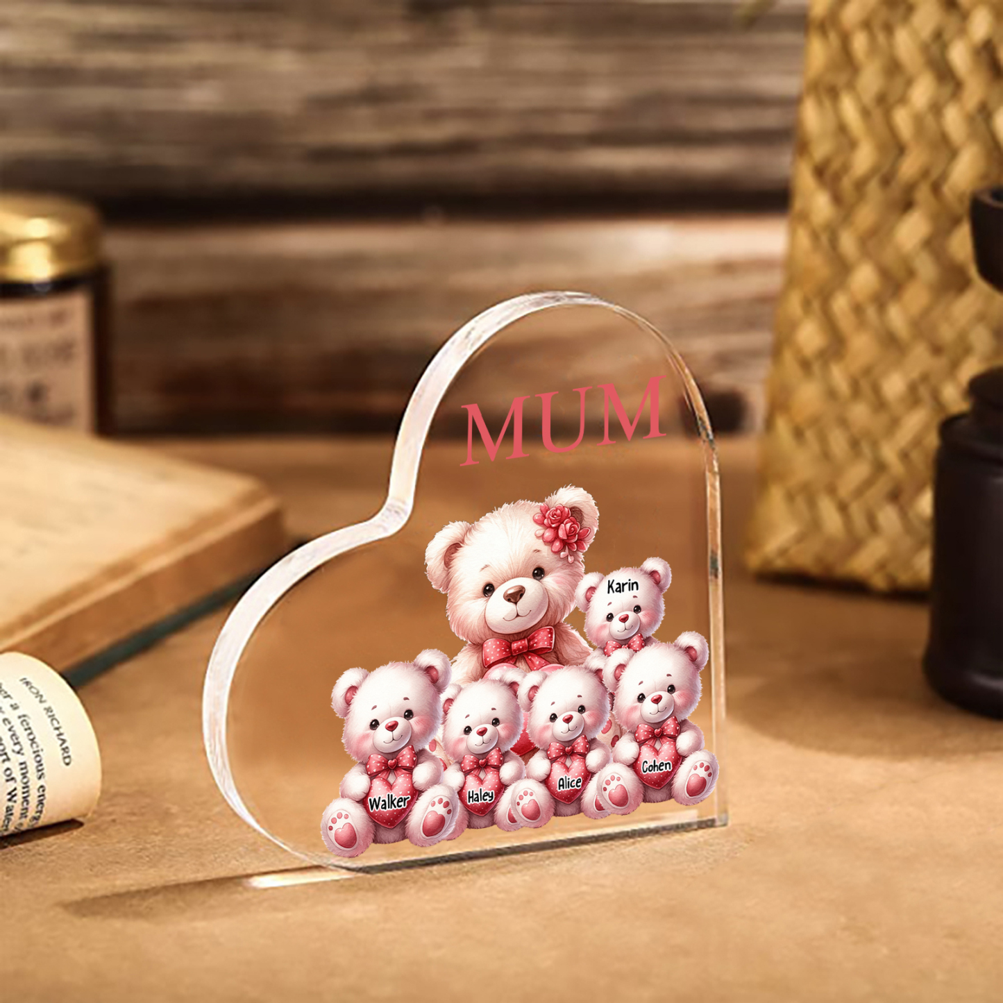 À Maman/Mamie - Plaque Coeur en Acrylique Personnalisé avec 5 Prénoms et Texte Cadeau pour Maman/Mamie | Jessemade