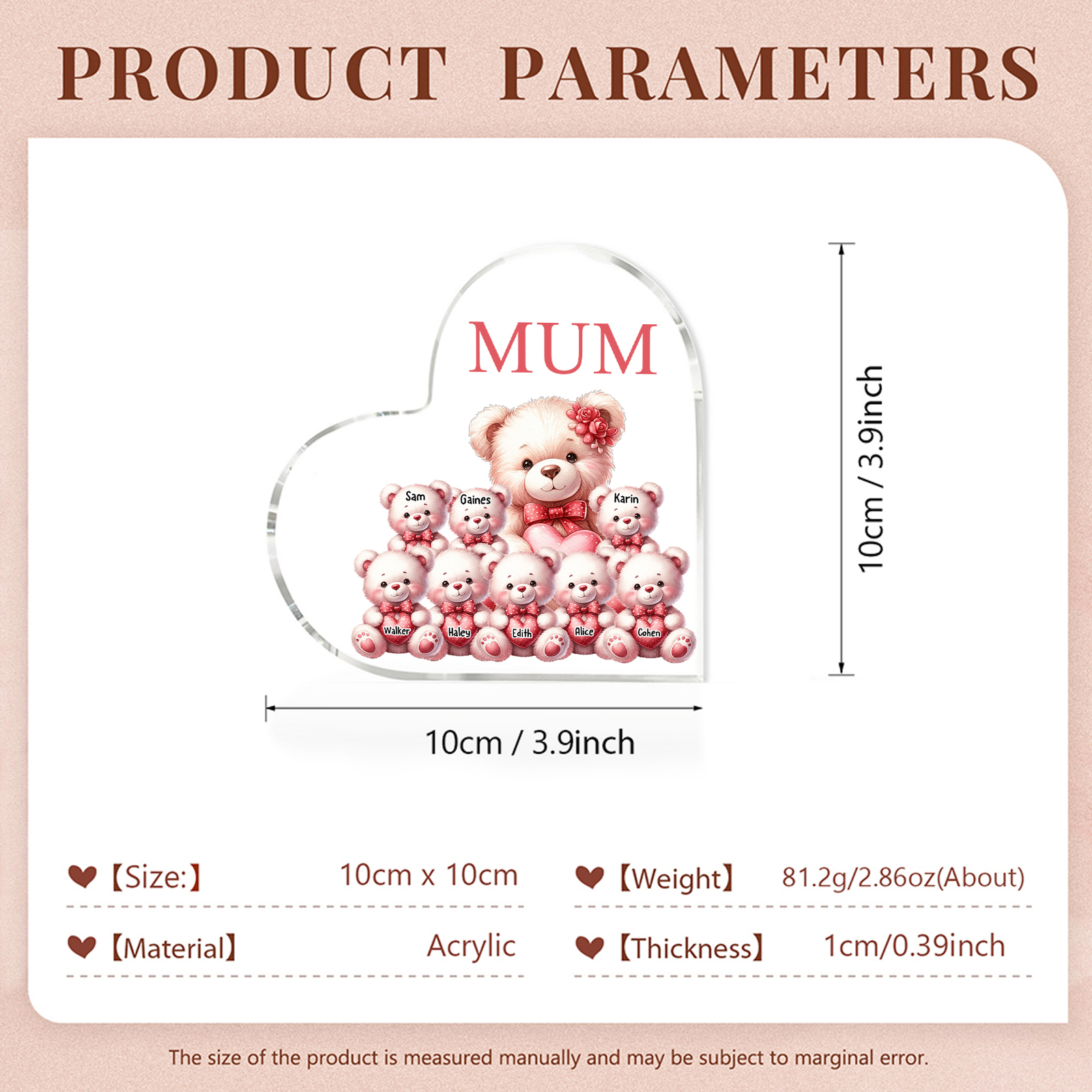 À Maman/Mamie - Plaque Coeur en Acrylique Personnalisé avec 8 Prénoms et Texte Cadeau pour Maman/Mamie  | Jessemade