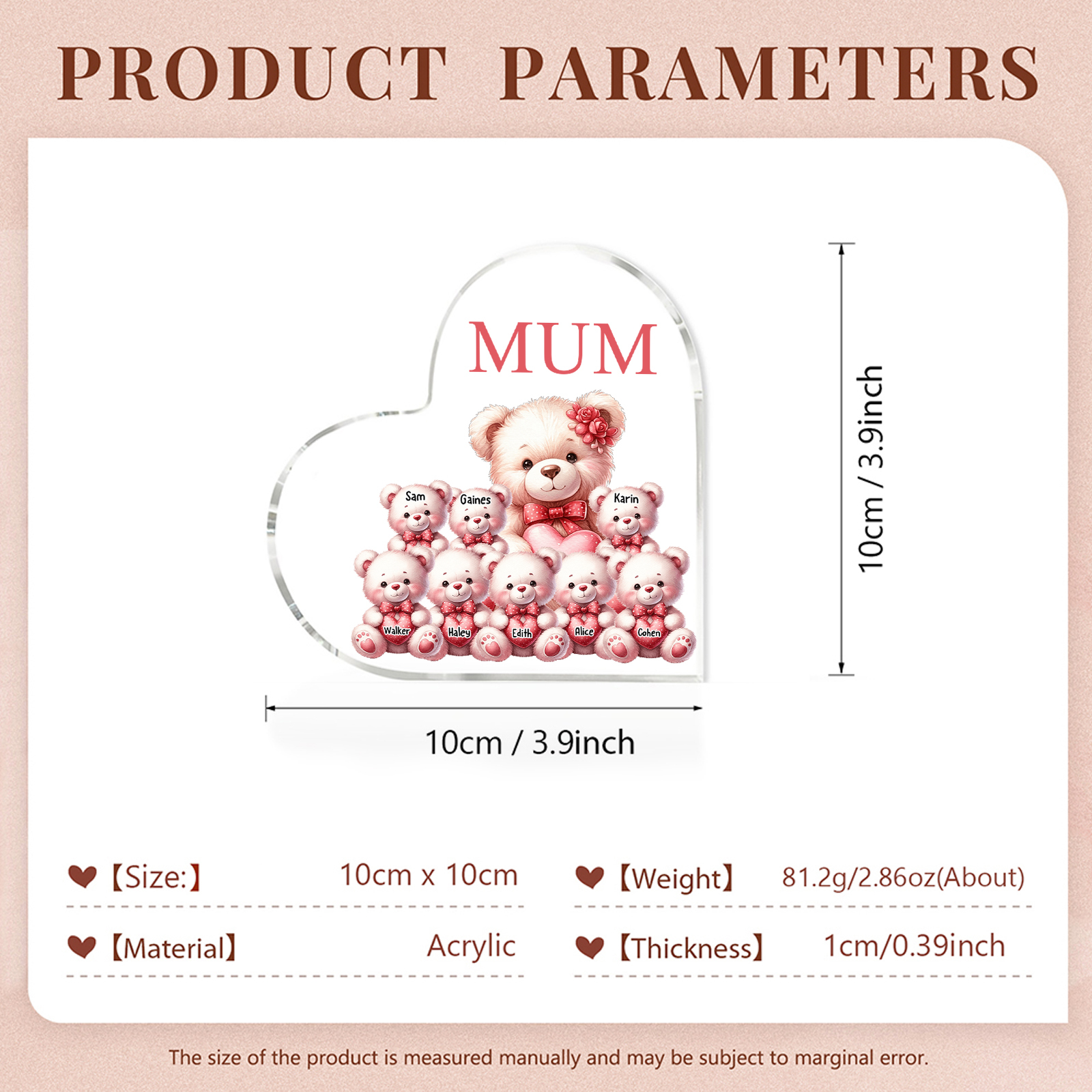 À Maman/Mamie - Plaque Coeur en Acrylique Personnalisé avec 8 Prénoms et Texte Cadeau pour Maman/Mamie  | Jessemade