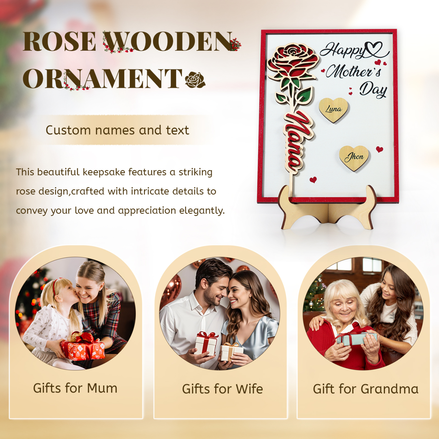 À Maman - Plaque en bois Personnalisé avec 2 Prénoms et 2 Textes Décoration Rose pour Maman | Jessemade