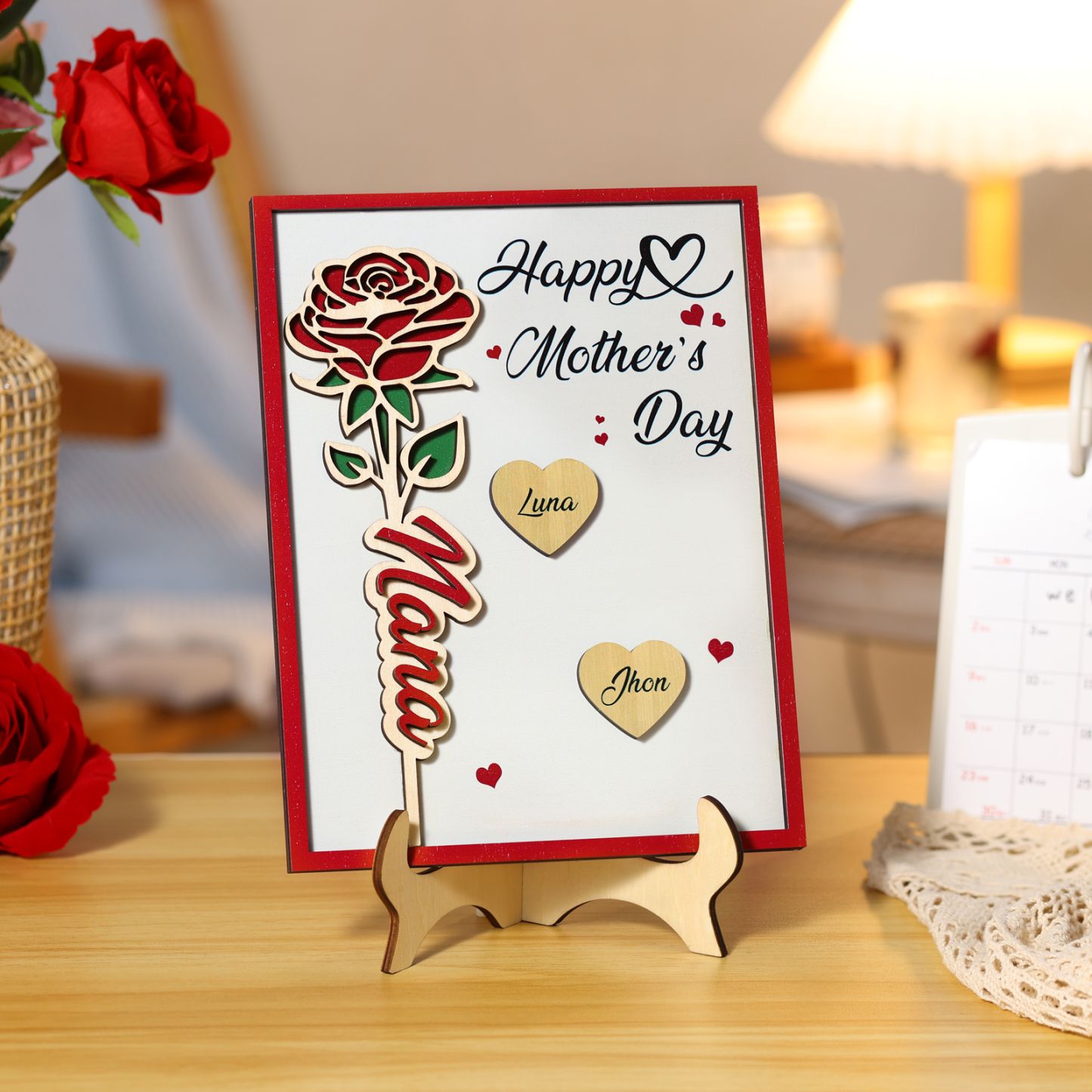À Maman - Plaque en bois Personnalisé avec 2 Prénoms et 2 Textes Décoration Rose pour Maman | Jessemade