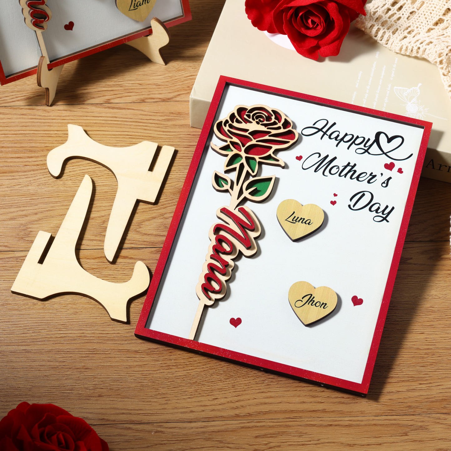 À Maman - Plaque en bois Personnalisé avec 2 Prénoms et 2 Textes Décoration Rose pour Maman | Jessemade
