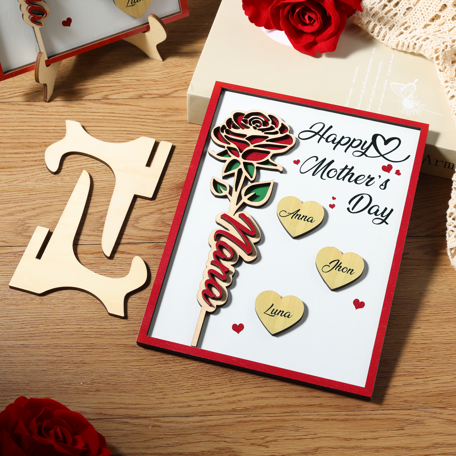 À Maman - Plaque en bois Personnalisé avec 3 Prénoms et 2 Textes Décoration Rose pour Maman | Jessemade