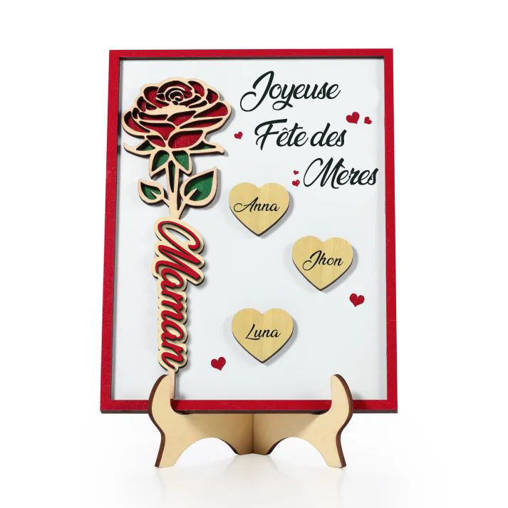 À Maman - Décoration en bois Personnalisé avec 3 Prénoms et 2 Textes Décoration Rose pour Maman | Jessemade