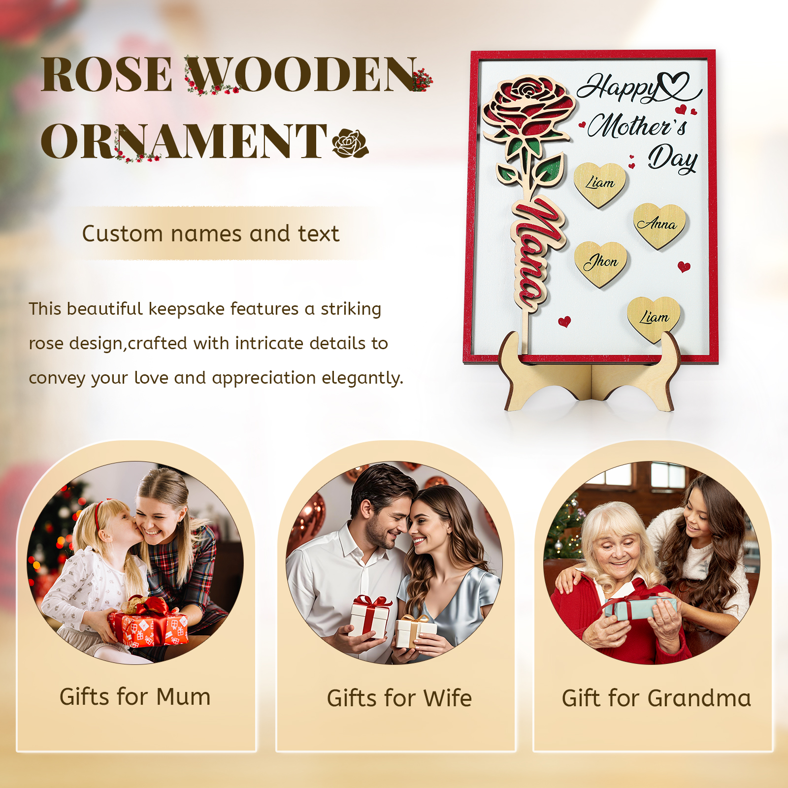 À Maman - Plaque en bois Personnalisé avec 4 Prénoms et 2 Textes Décoration Rose pour Maman | Jessemade