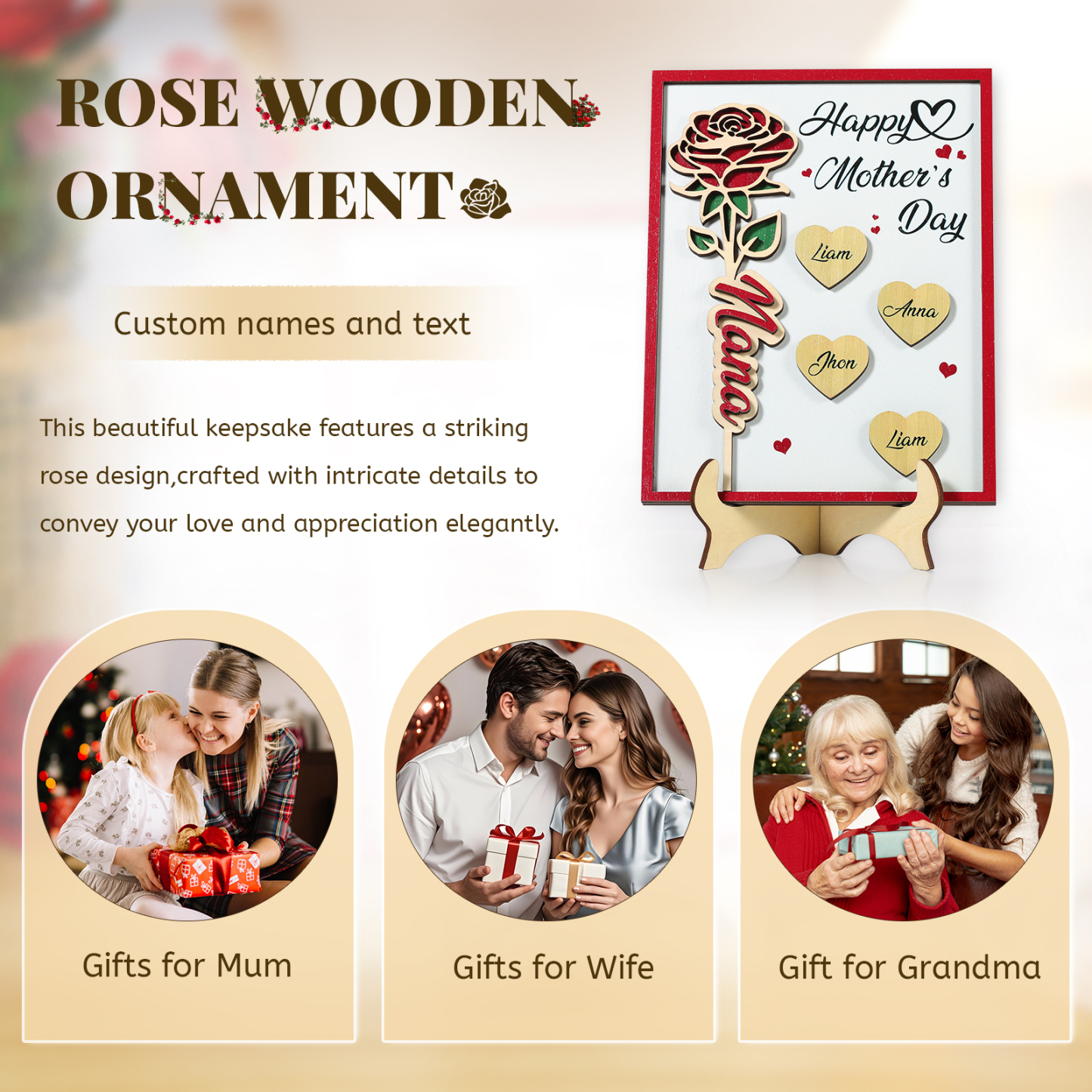 À Maman - Plaque en bois Personnalisé avec 4 Prénoms et 2 Textes Décoration Rose pour Maman | Jessemade