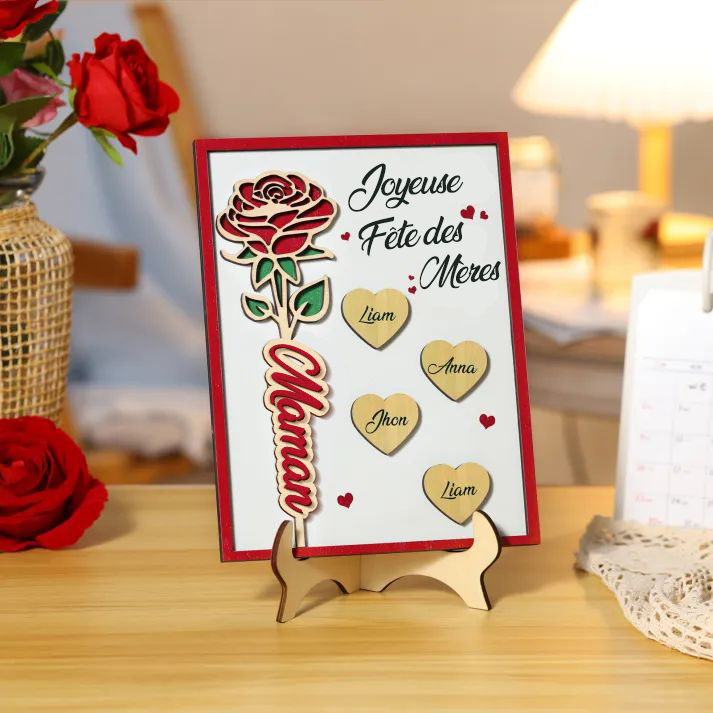 À Maman - Décoration en bois Personnalisé avec 4 Prénoms et 2 Textes Décoration Rose pour Maman | Jessemade