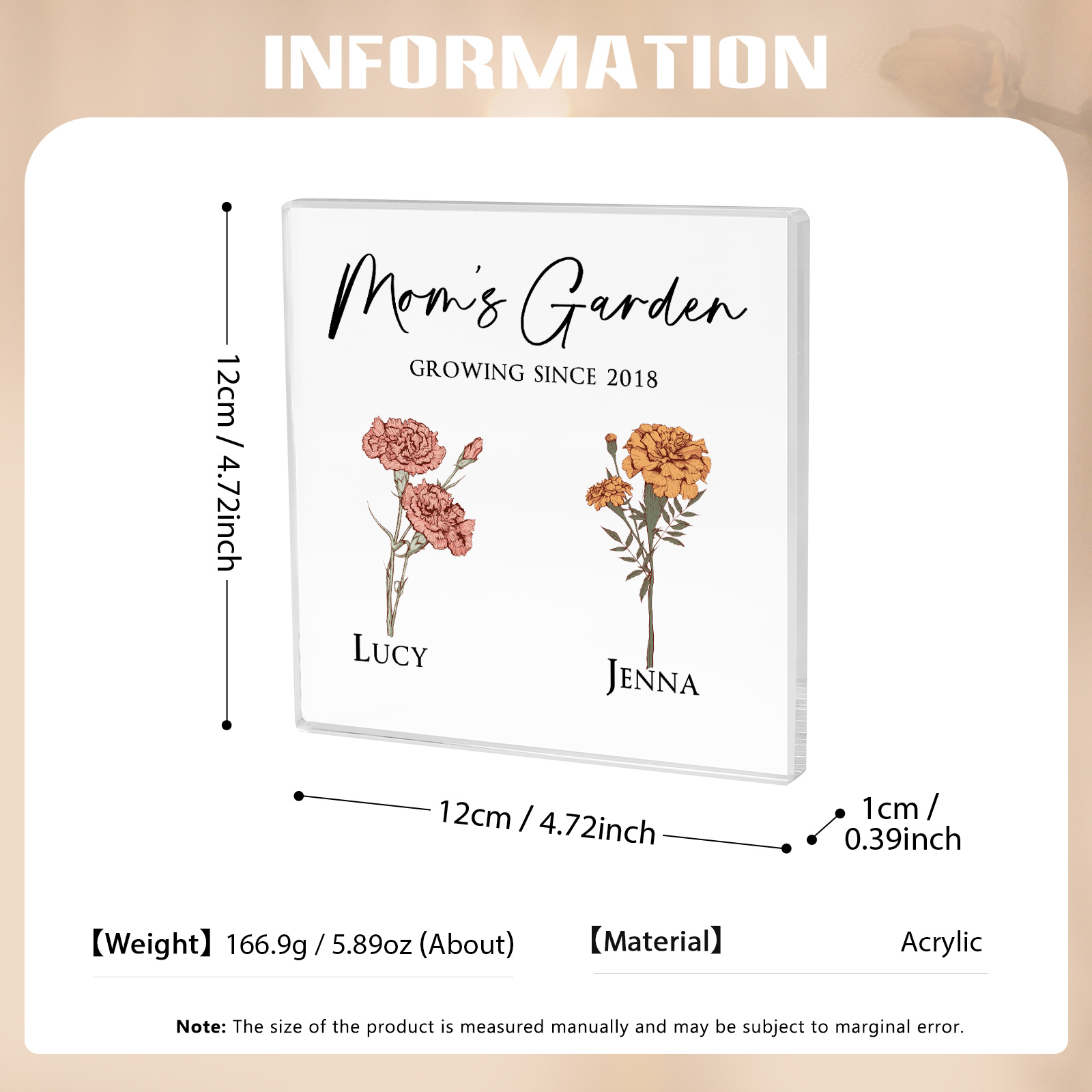 À Maman/Mamie - Plaque Acrylique Personnalisé avec Textes 2 Prénoms et Fleurs de Naissance et Déco de Maison | Jessemade