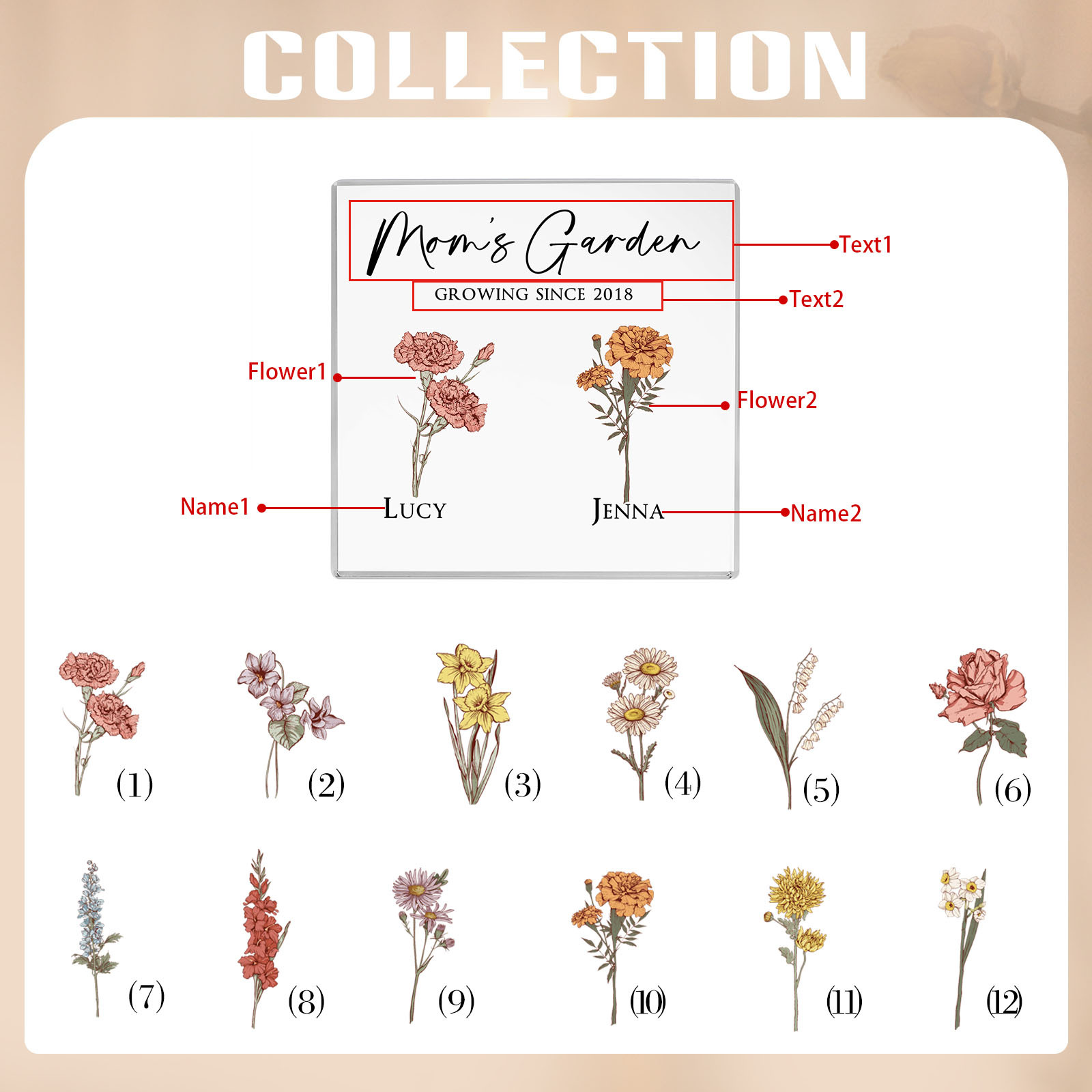 À Maman/Mamie - Plaque Acrylique Personnalisé avec Textes 2 Prénoms et Fleurs de Naissance et Déco de Maison | Jessemade