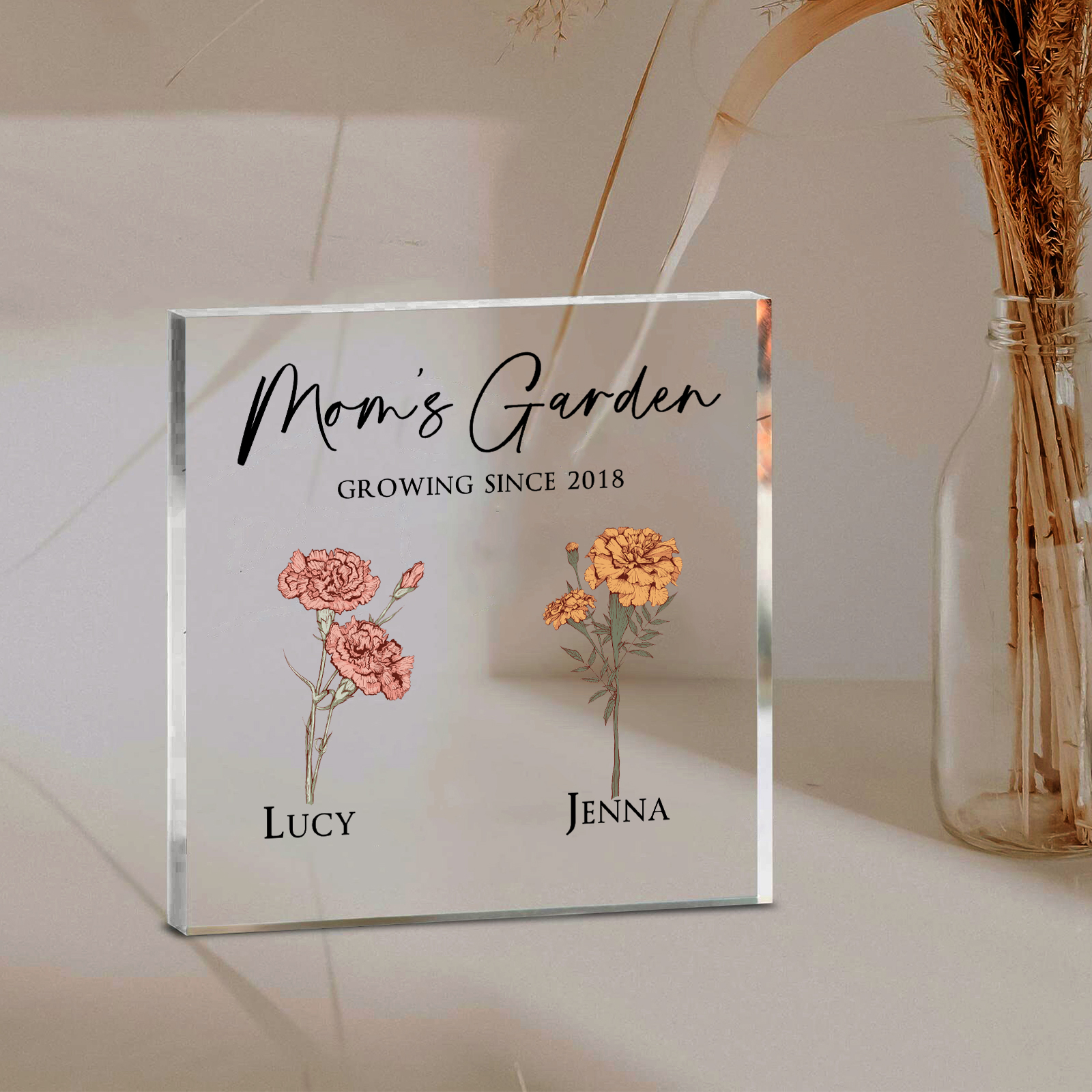 À Maman/Mamie - Plaque Acrylique Personnalisé avec Textes 2 Prénoms et Fleurs de Naissance et Déco de Maison | Jessemade