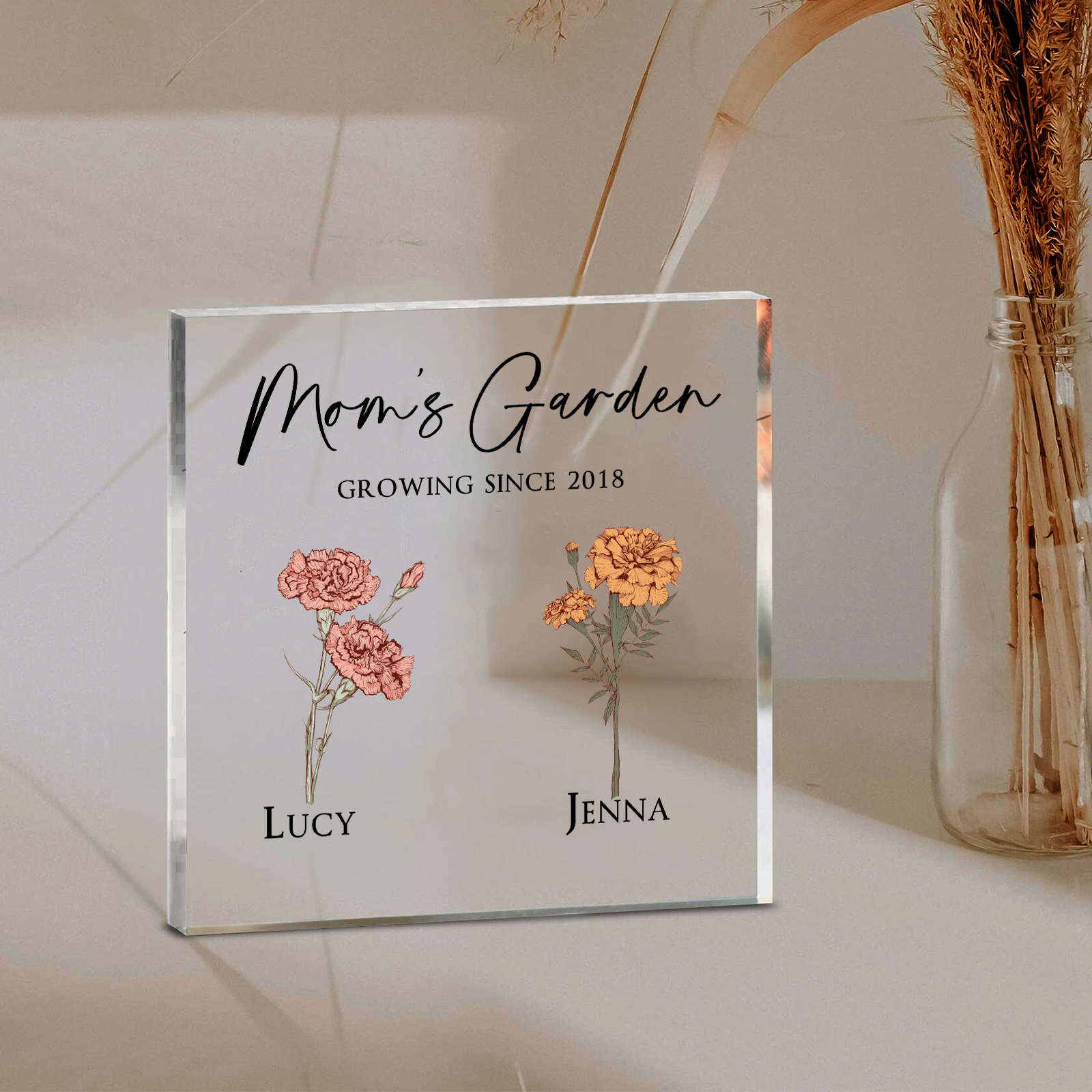 À Maman/Mamie - Plaque Acrylique Personnalisé avec Textes 2 Prénoms et Fleurs de Naissance et Déco de Maison | Jessemade