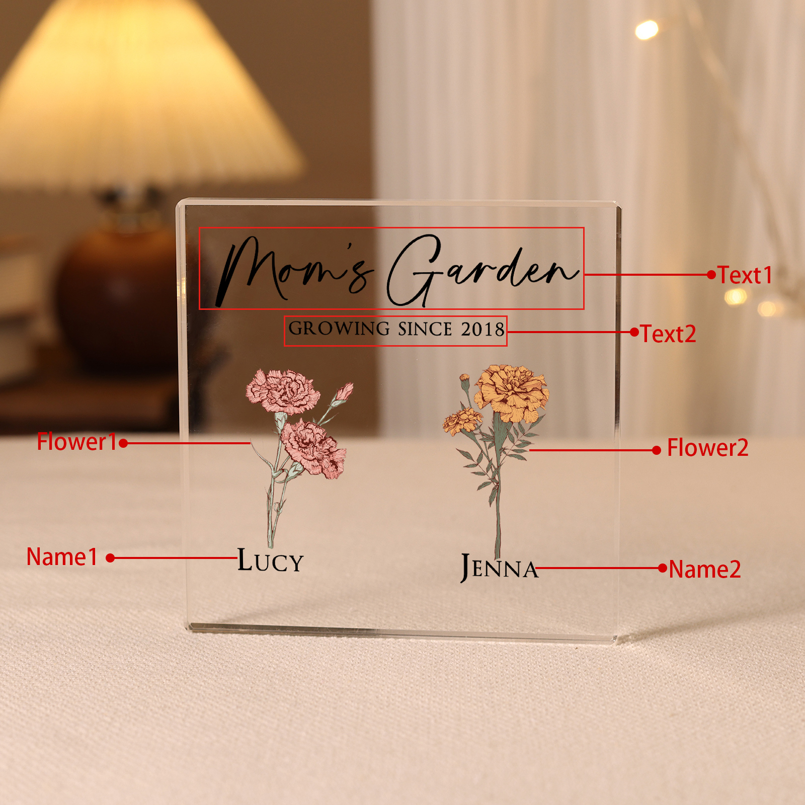 À Maman/Mamie - Plaque Acrylique Personnalisé avec Textes 2 Prénoms et Fleurs de Naissance et Déco de Maison | Jessemade