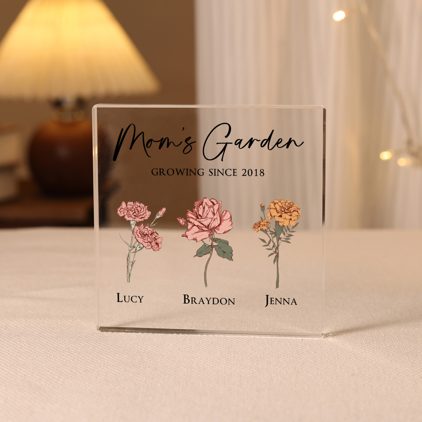 À Maman/Mamie - Plaque Acrylique Personnalisé avec Textes 3 Prénoms et Fleurs de Naissance et Déco de Maison | Jessemade