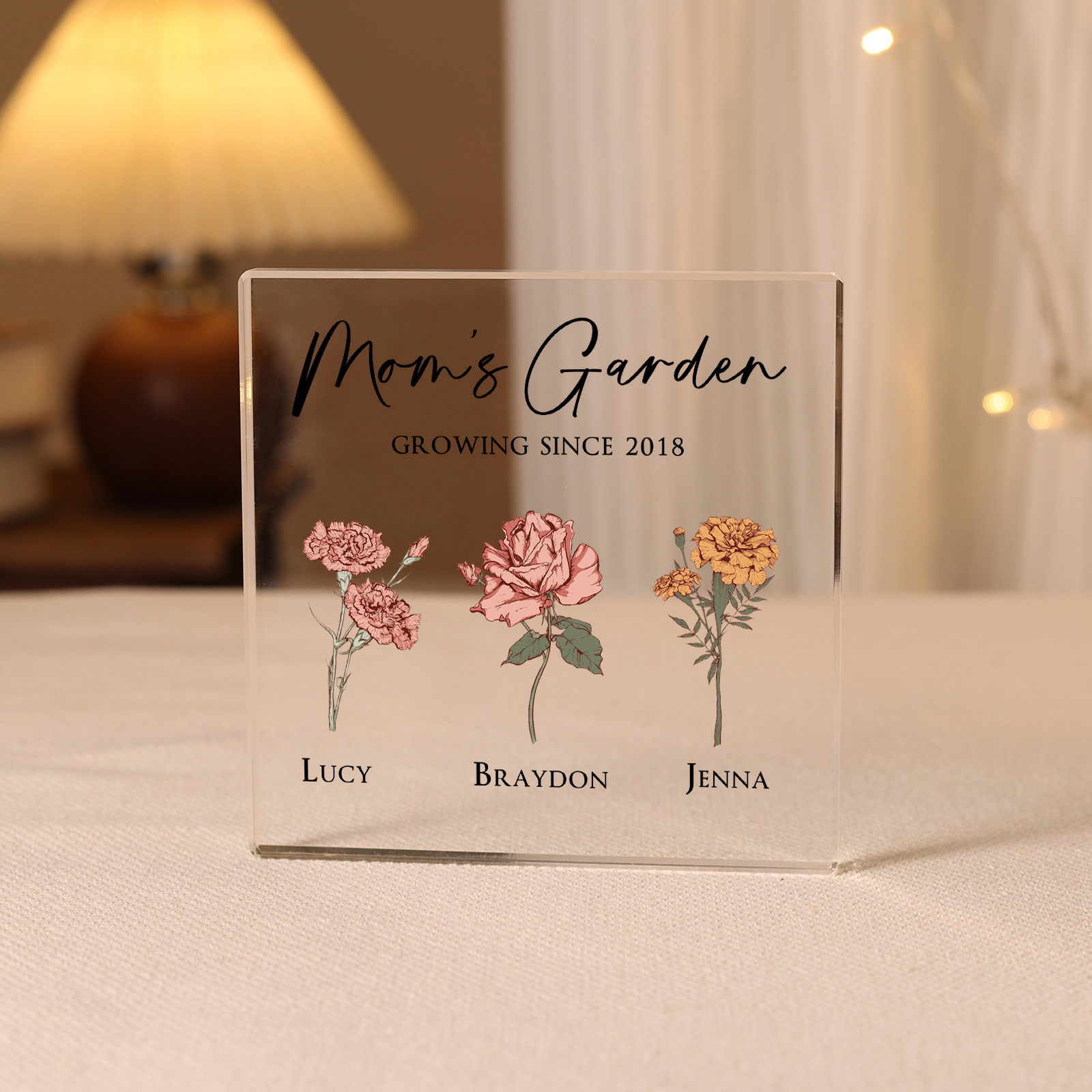 À Maman/Mamie - Plaque Acrylique Personnalisé avec Textes 3 Prénoms et Fleurs de Naissance et Déco de Maison | Jessemade