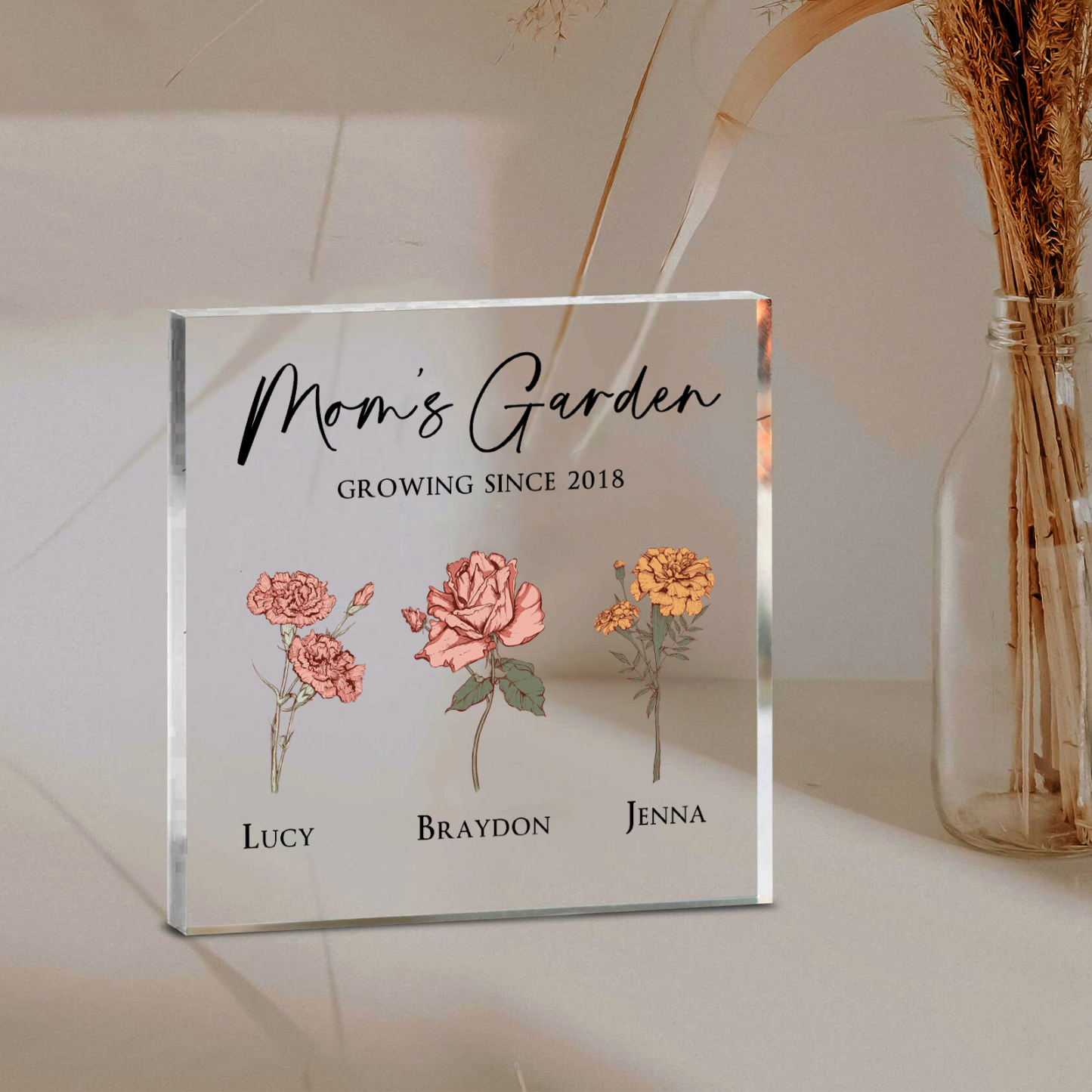 À Maman/Mamie - Plaque Acrylique Personnalisé avec Textes 3 Prénoms et Fleurs de Naissance et Déco de Maison | Jessemade