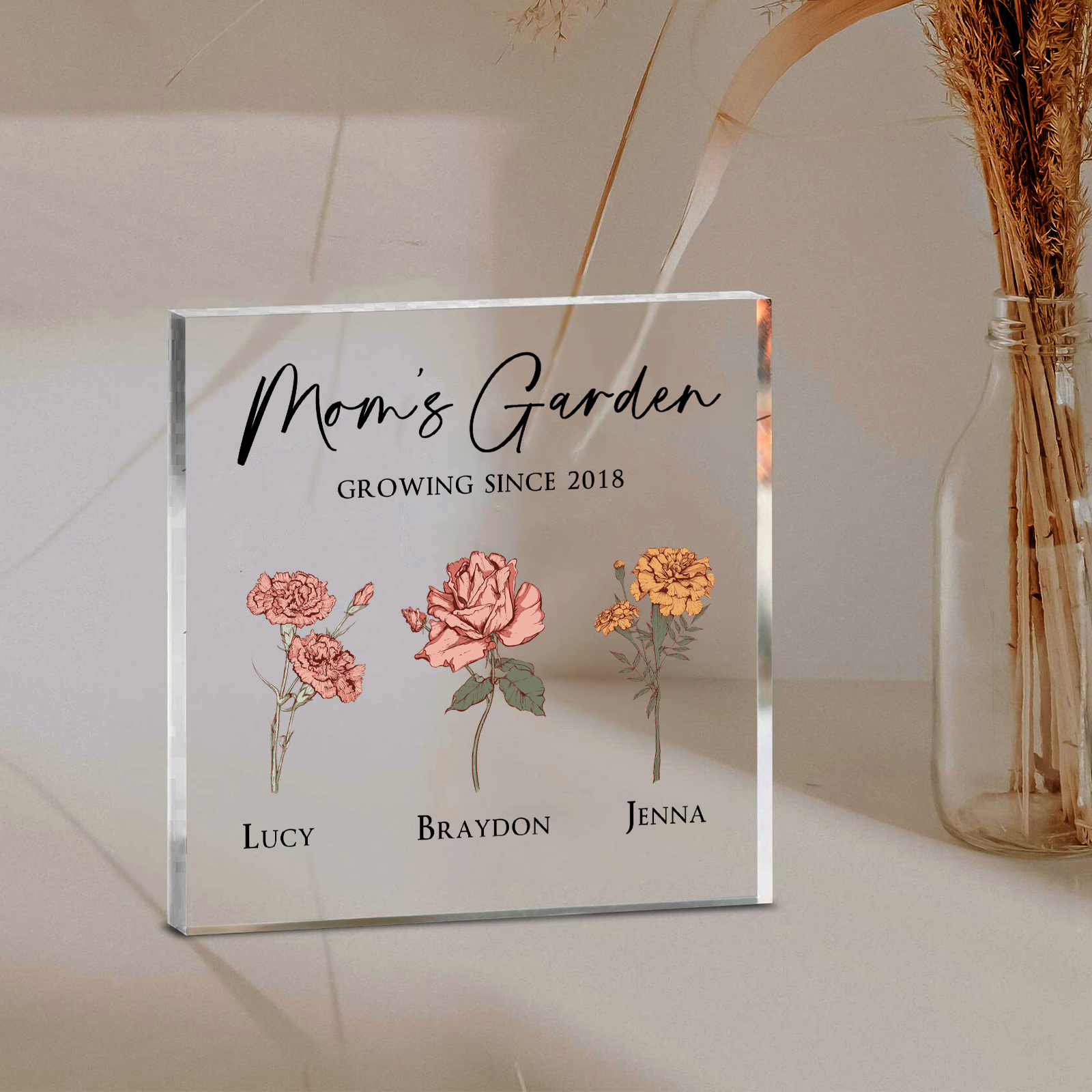 À Maman/Mamie - Plaque Acrylique Personnalisé avec Textes 3 Prénoms et Fleurs de Naissance et Déco de Maison | Jessemade