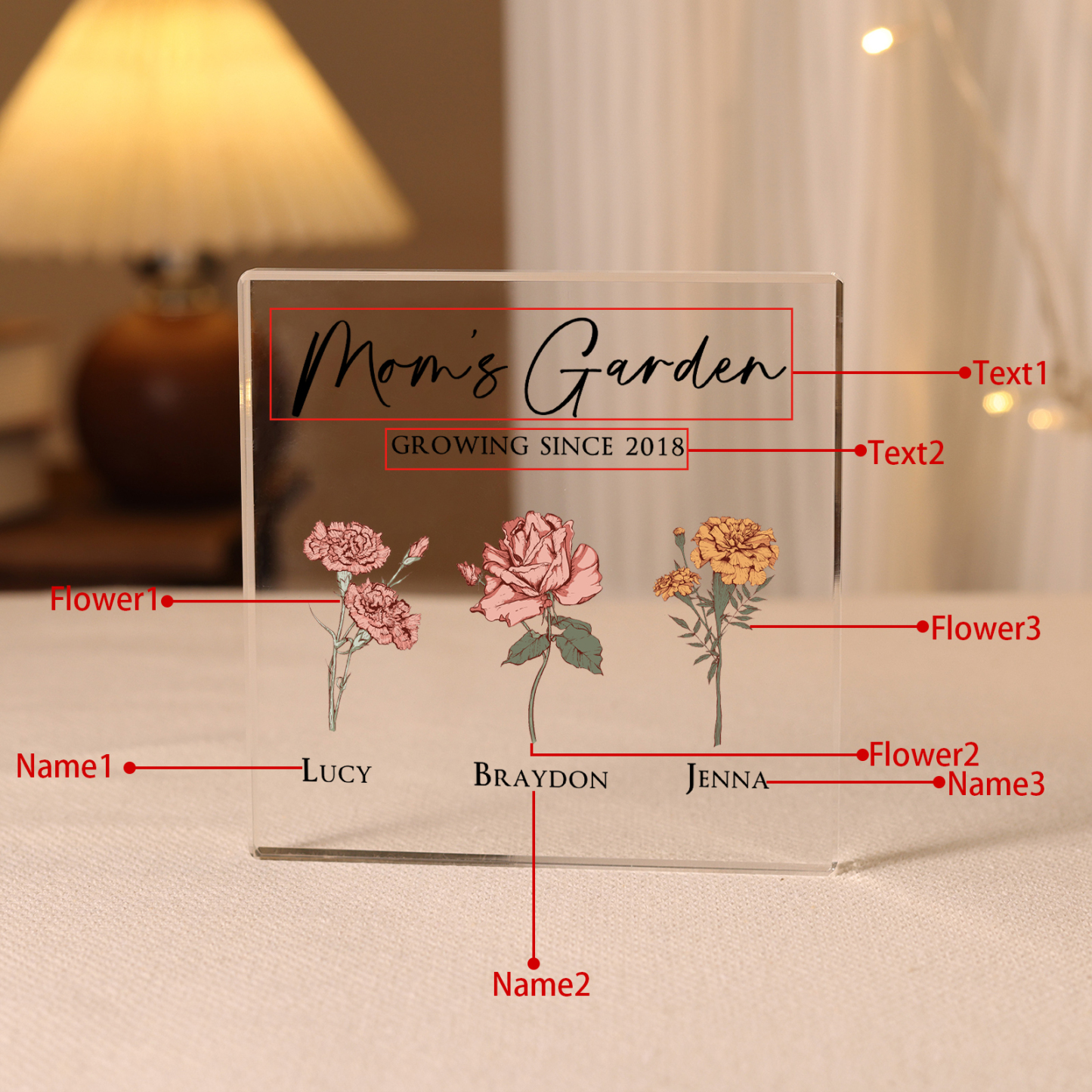 À Maman/Mamie - Plaque Acrylique Personnalisé avec Textes 3 Prénoms et Fleurs de Naissance et Déco de Maison | Jessemade