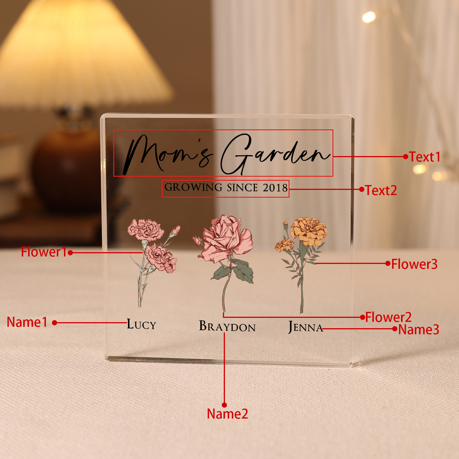 À Maman/Mamie - Plaque Acrylique Personnalisé avec Textes 3 Prénoms et Fleurs de Naissance et Déco de Maison | Jessemade