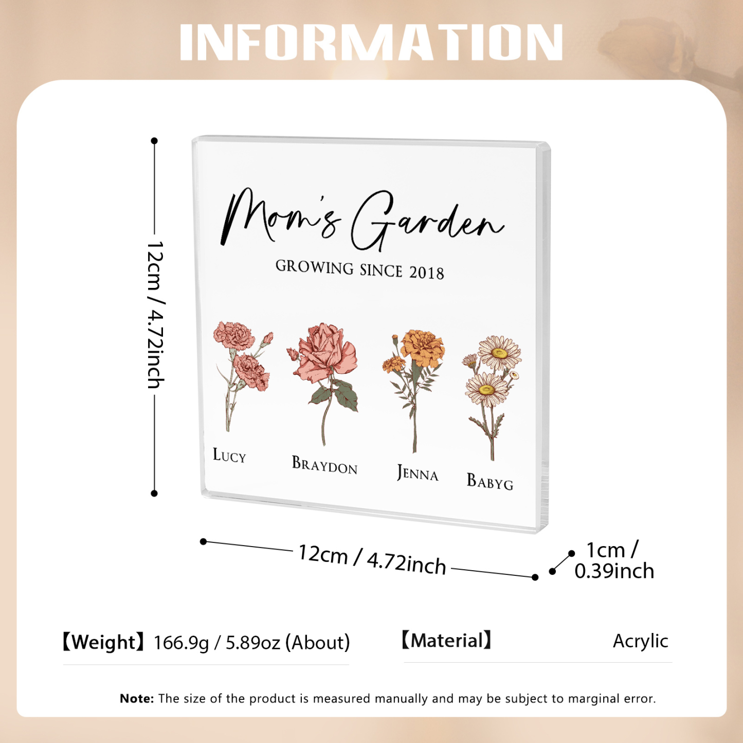 À Maman/Mamie - Plaque Acrylique Personnalisé avec Textes 4 Prénoms et Fleurs de Naissance et Déco de Maison | Jessemade