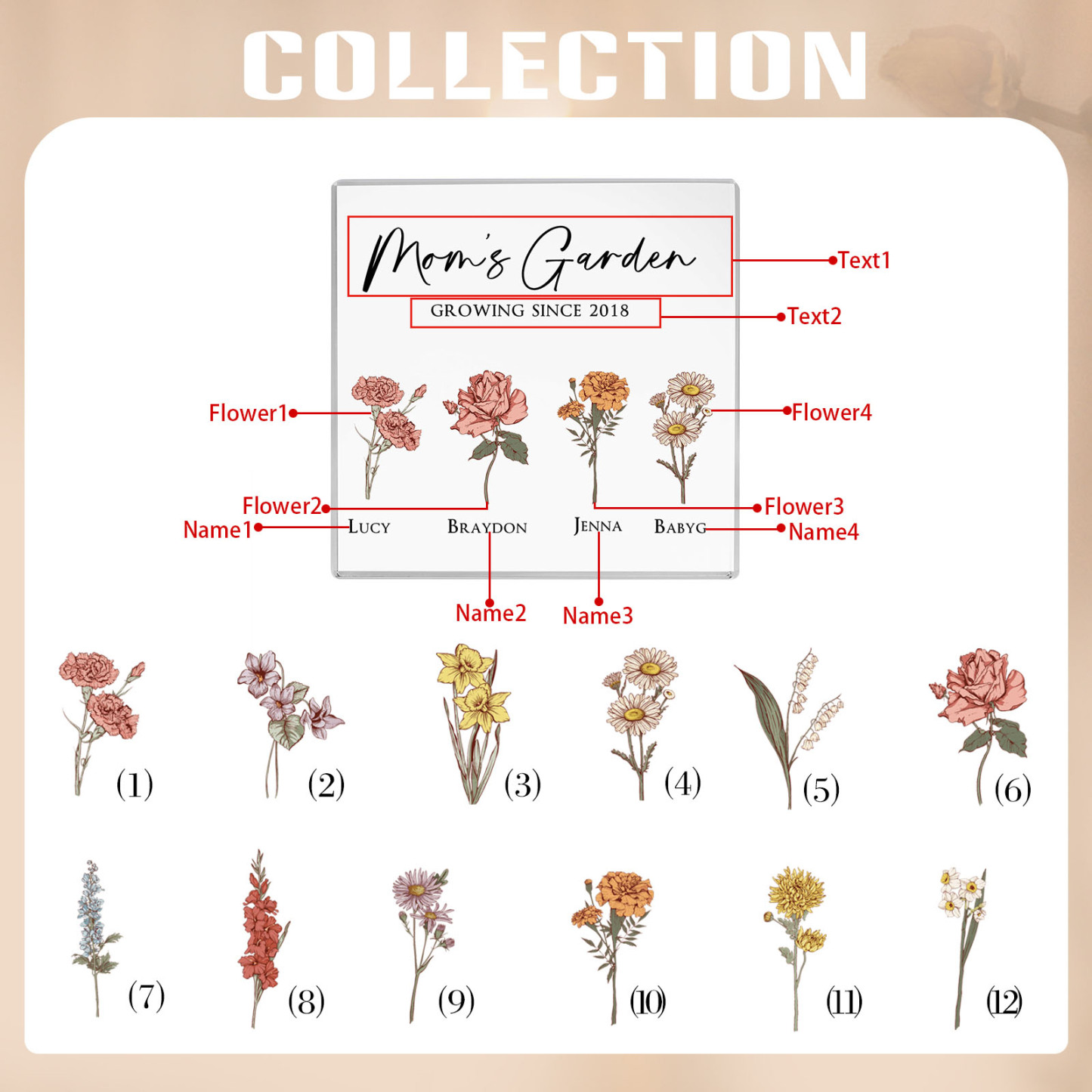 À Maman/Mamie - Plaque Acrylique Personnalisé avec Textes 4 Prénoms et Fleurs de Naissance et Déco de Maison | Jessemade